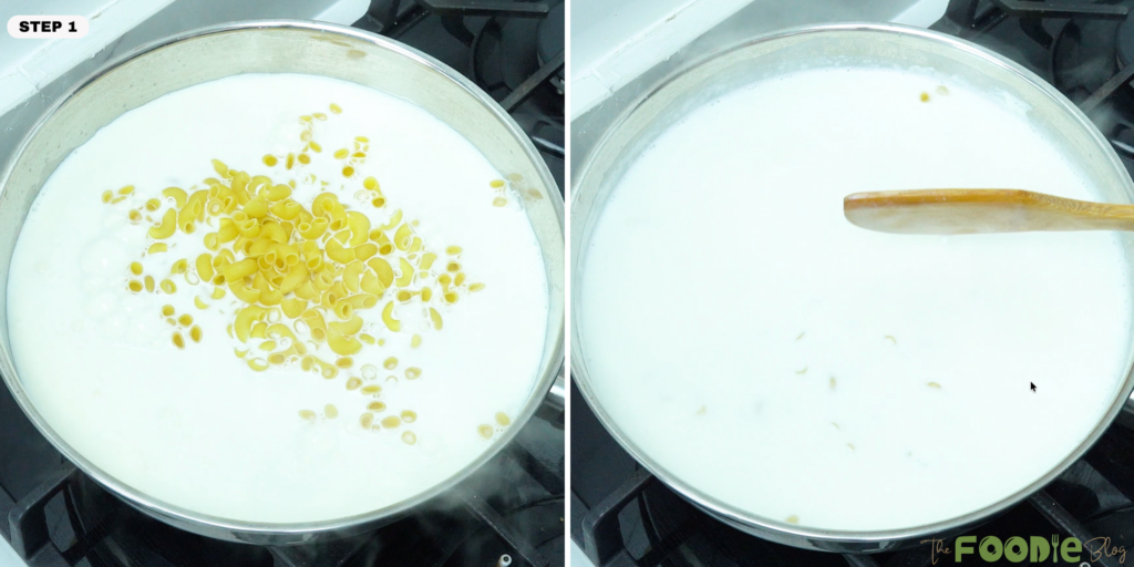 Elbow macaroni simmering in milk in a large pan on the stove