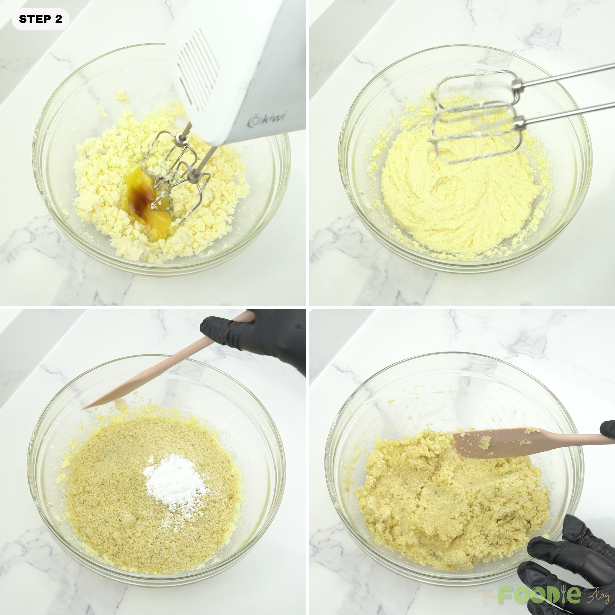 Adding egg and vanilla, then mixing almond flour with baking soda in a bowl