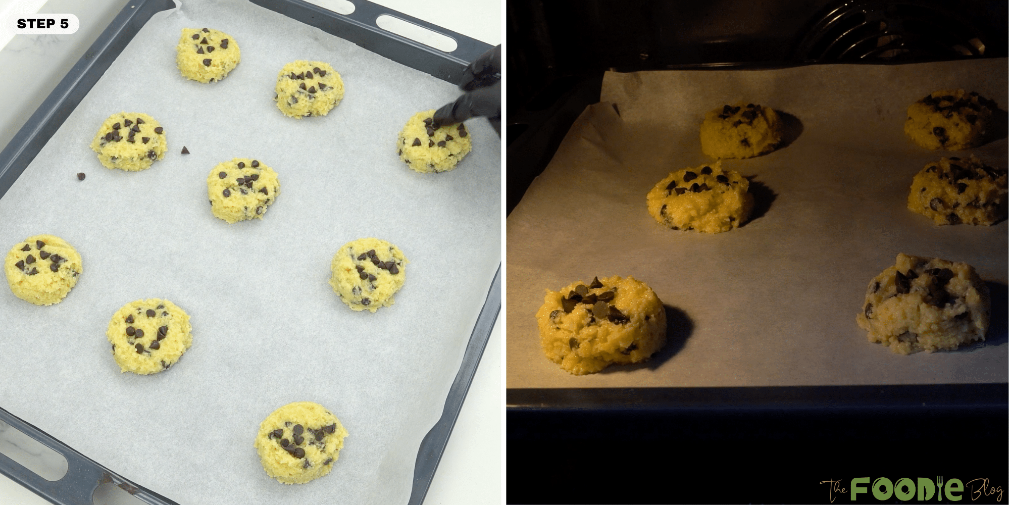 Almond flour cookie dough rounds on parchment and cookies baking inside the oven