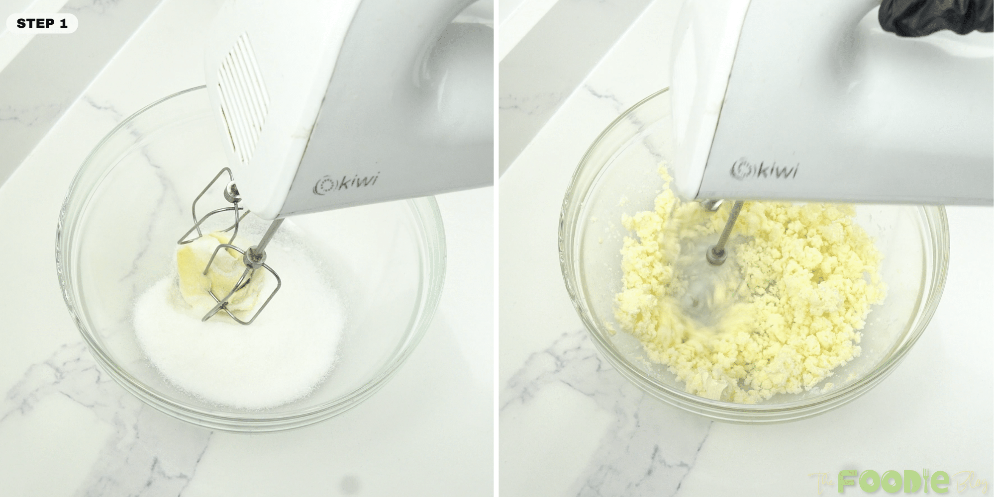 Mixing butter and sugar in a glass bowl with a hand mixer