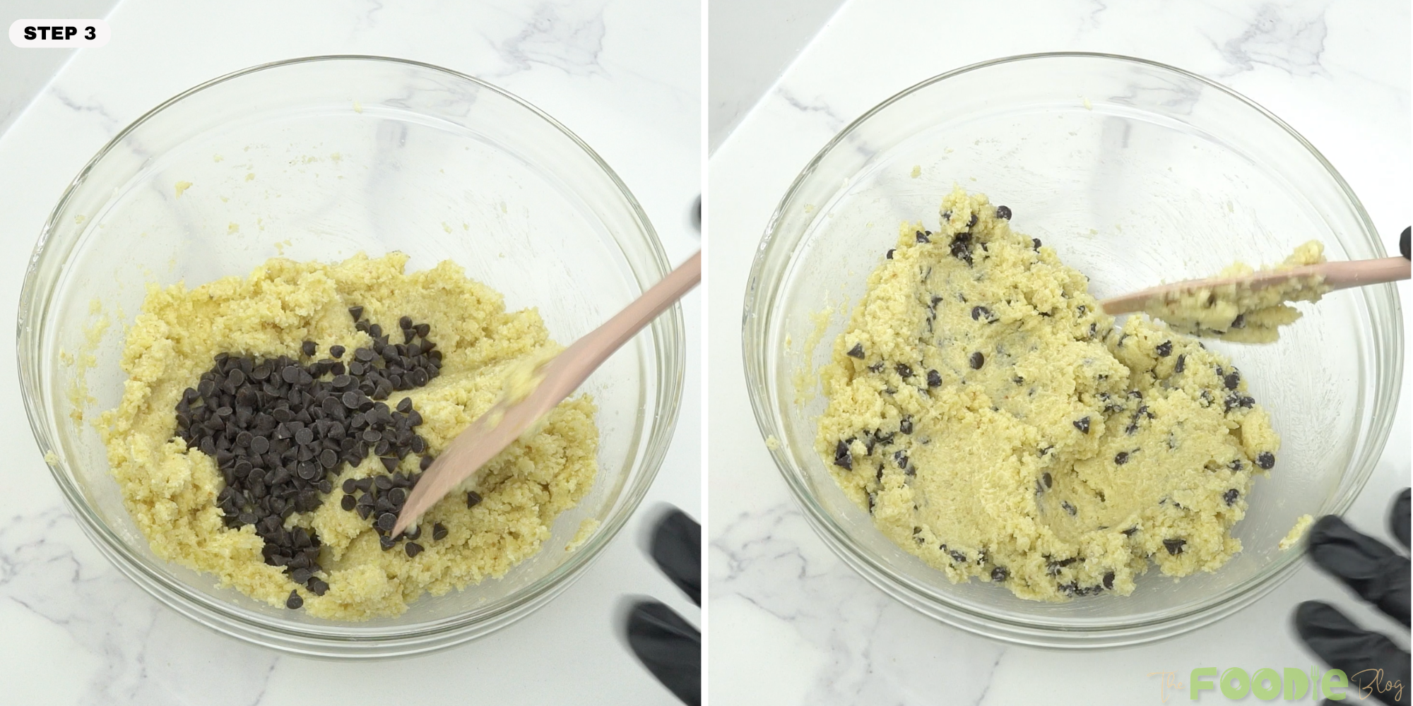 Chocolate chips being mixed into almond flour cookie dough in a glass bowl