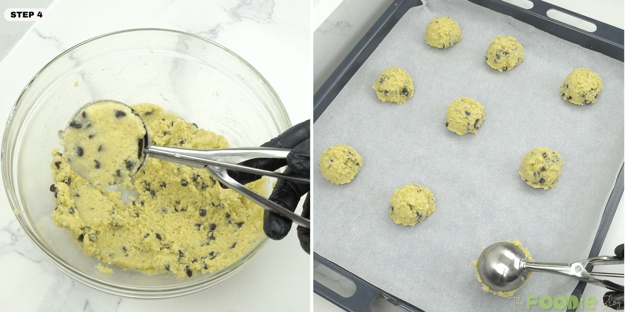 Scooping almond flour cookie dough and placing dough balls on a parchment-lined baking sheet