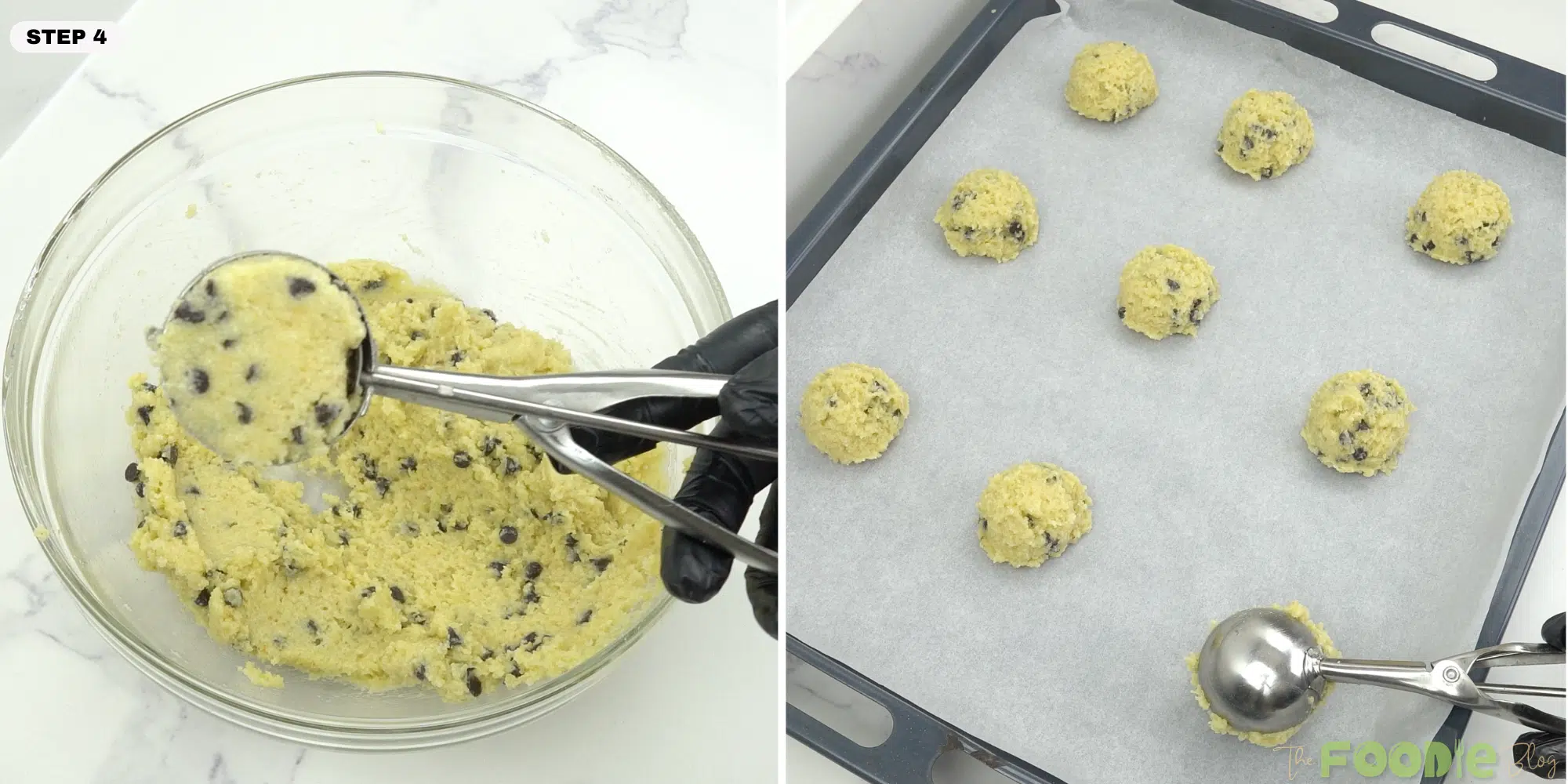 Scooping almond flour cookie dough and placing dough balls on a parchment-lined baking sheet