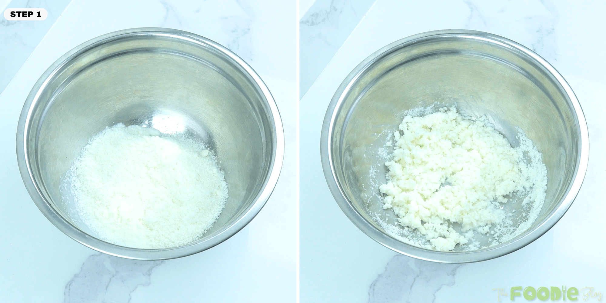 Shredded coconut in a mixing bowl for making the Bounty Dates filling