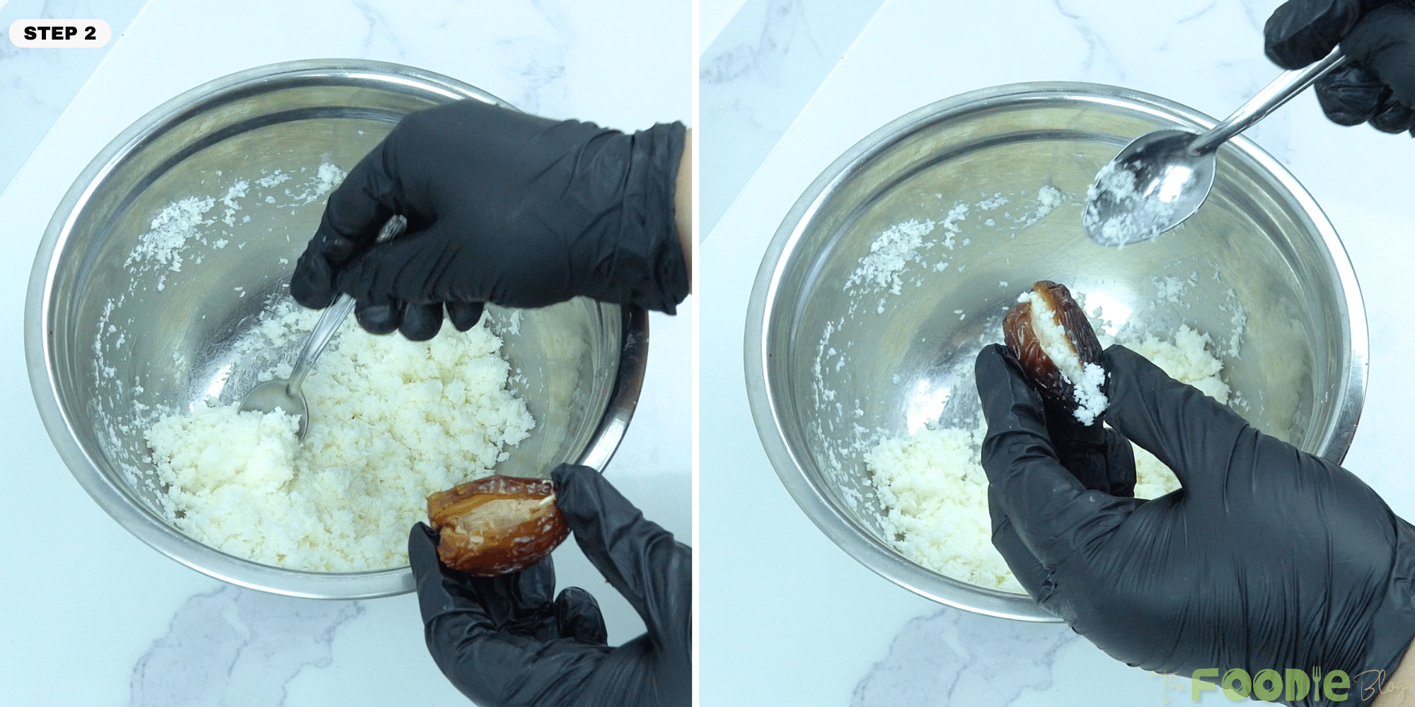 Filling a Medjool date with coconut mixture for Bounty Dates