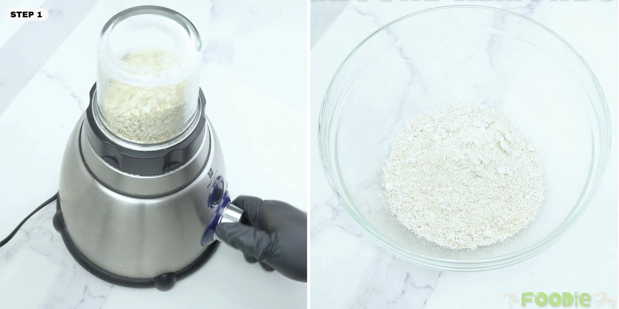 Oats being blended and transferred to a bowl to make oat flour