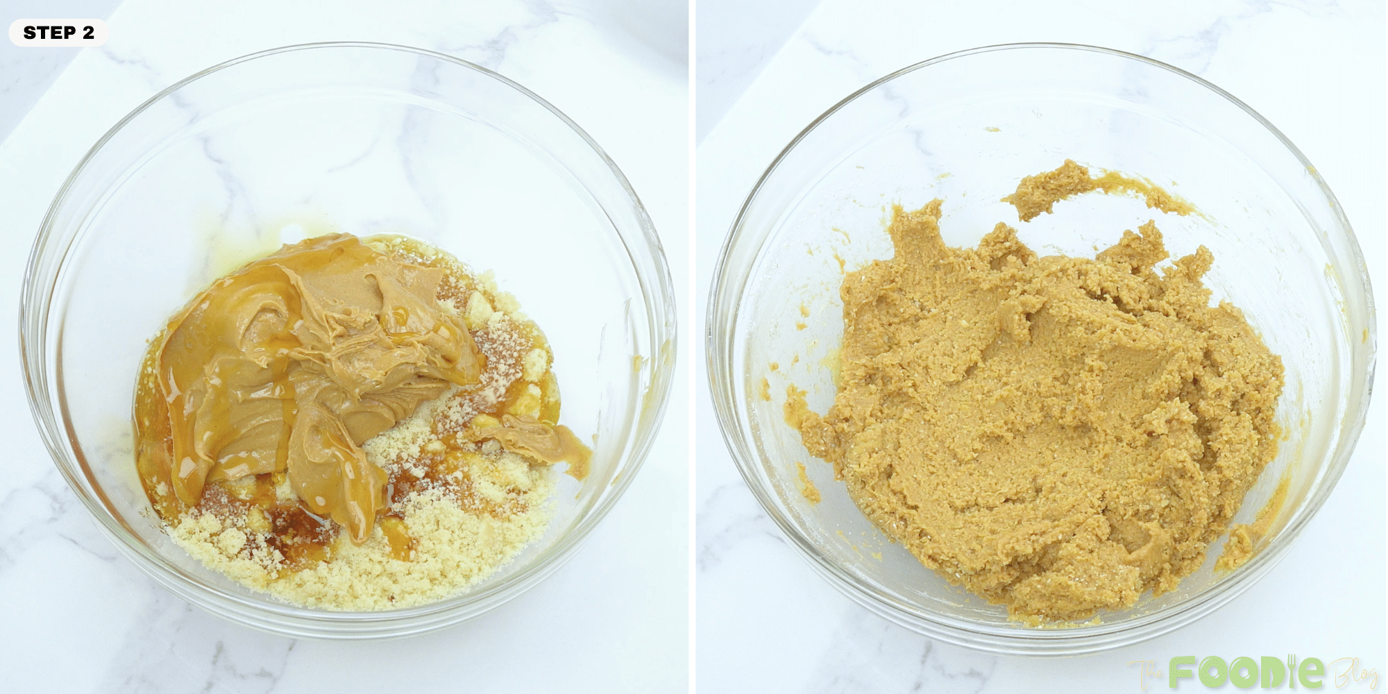 Peanut butter and dry ingredients being mixed into a thick dough in a bowl
