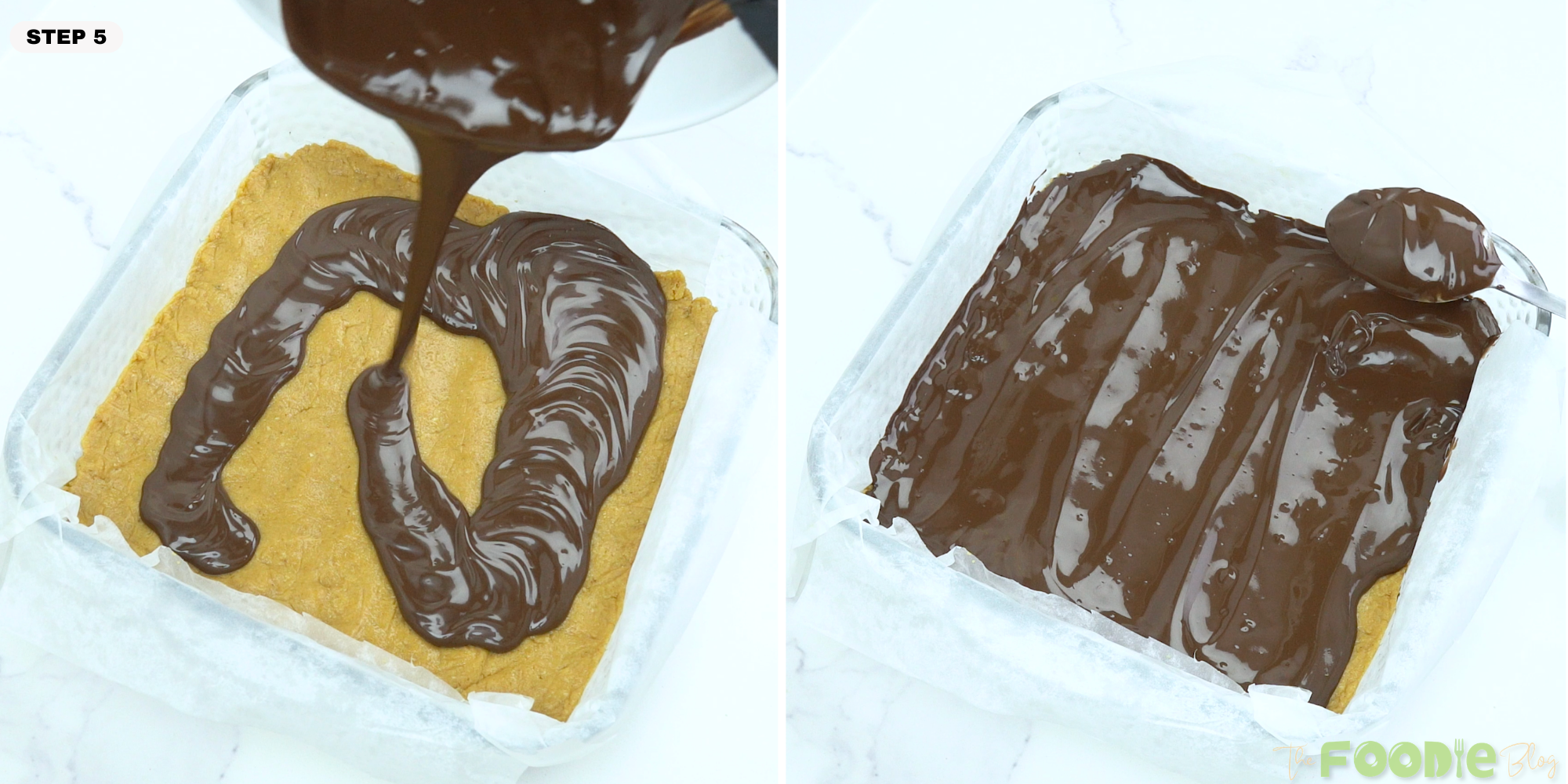 Melted chocolate poured over the peanut butter base and spread across the pan