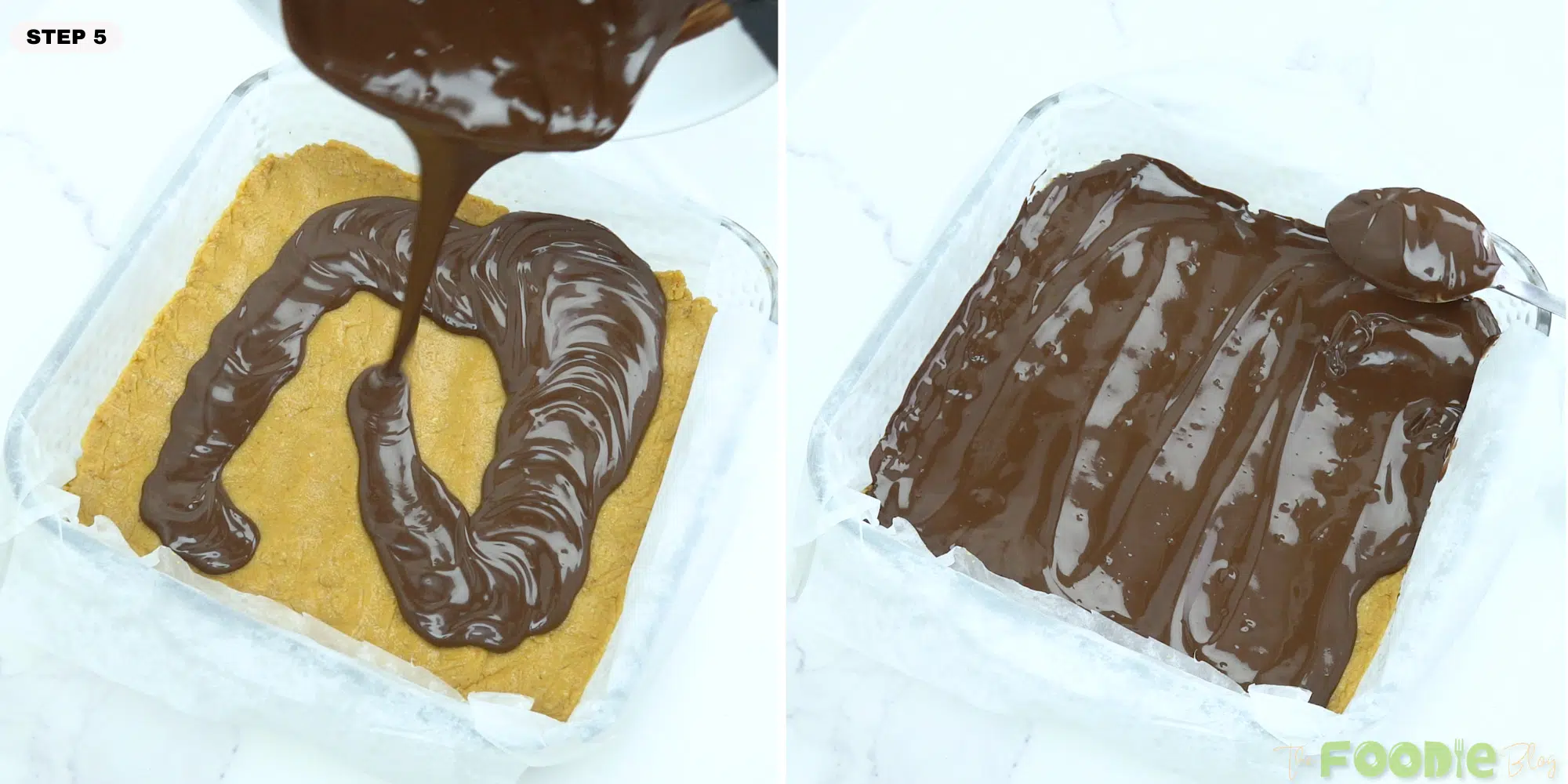 Melted chocolate poured over the peanut butter base and spread across the pan