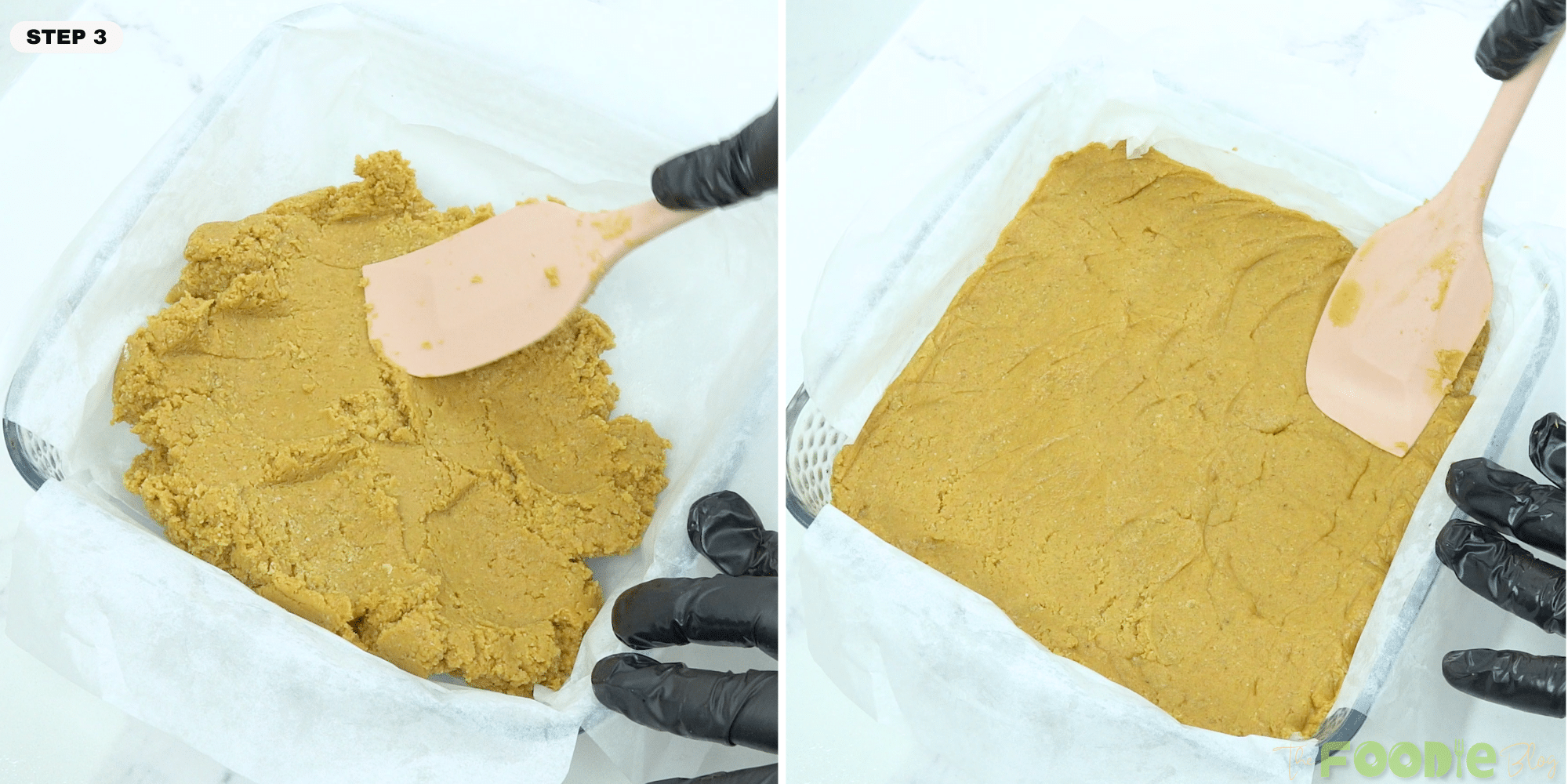 Peanut butter mixture pressed into a parchment-lined pan with a spatula