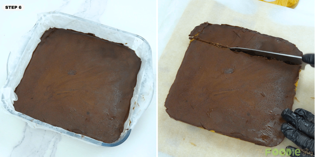 Set chocolate peanut butter slab being sliced into squares on parchment paper