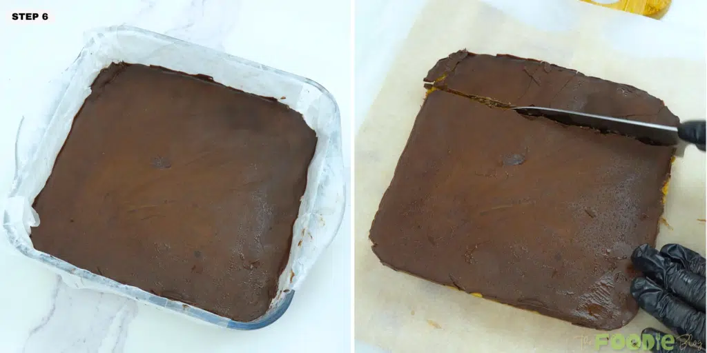Set chocolate peanut butter slab being sliced into squares on parchment paper