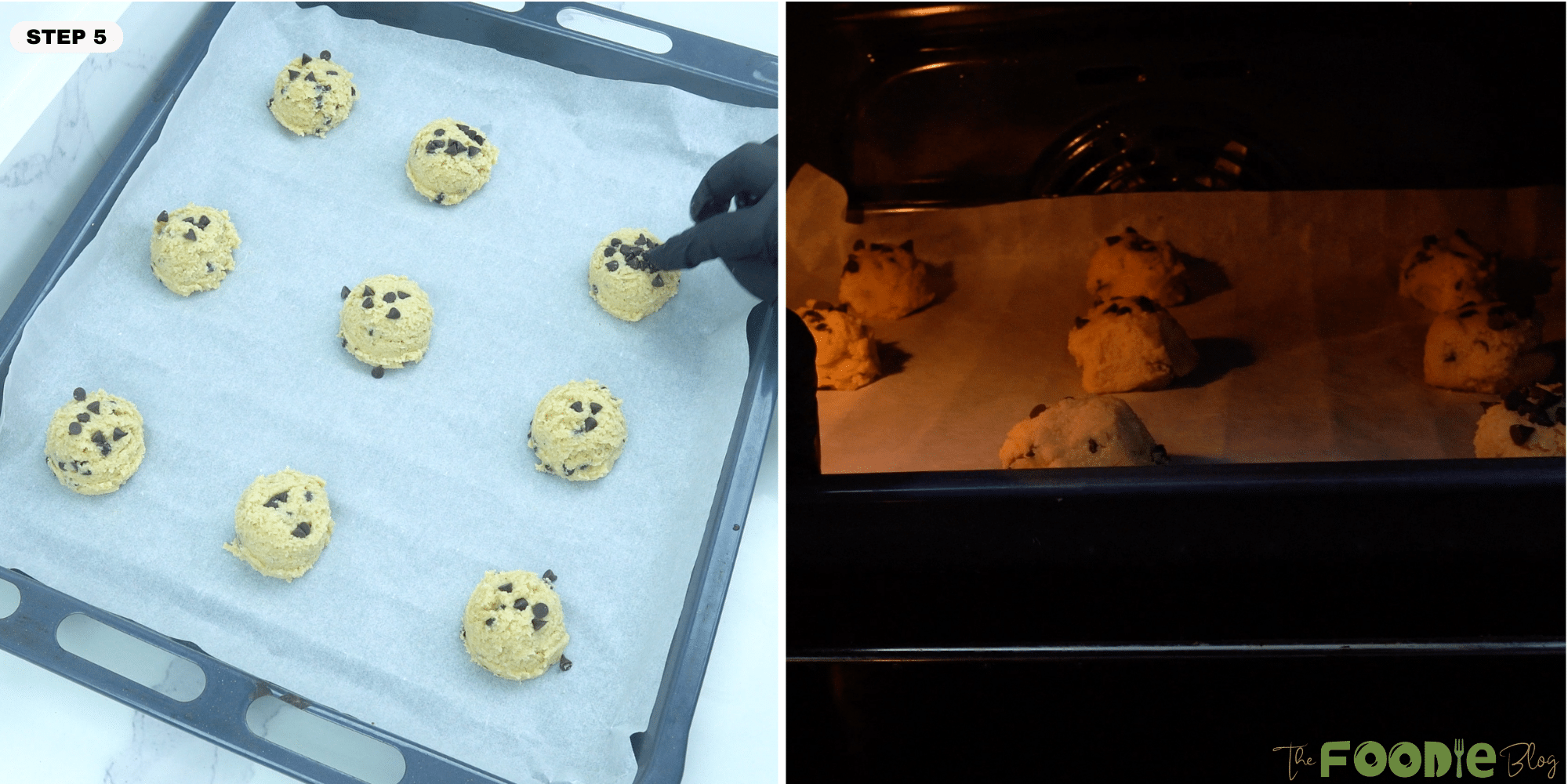 Cookie dough topped with extra chocolate chips on a baking sheet and baking in the oven