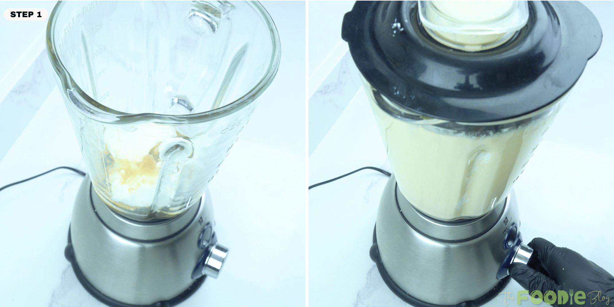 Cottage cheese mixture in a blender before and after blending smooth