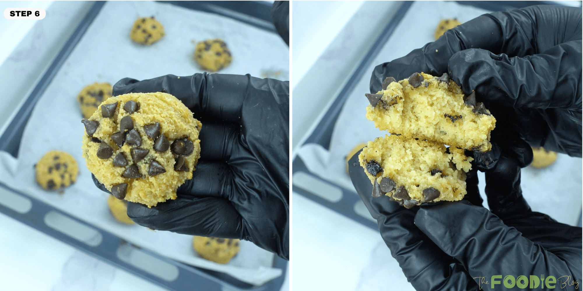 Finished cottage cheese chocolate chip cookie held in hand with a cookie broken open to show the inside
