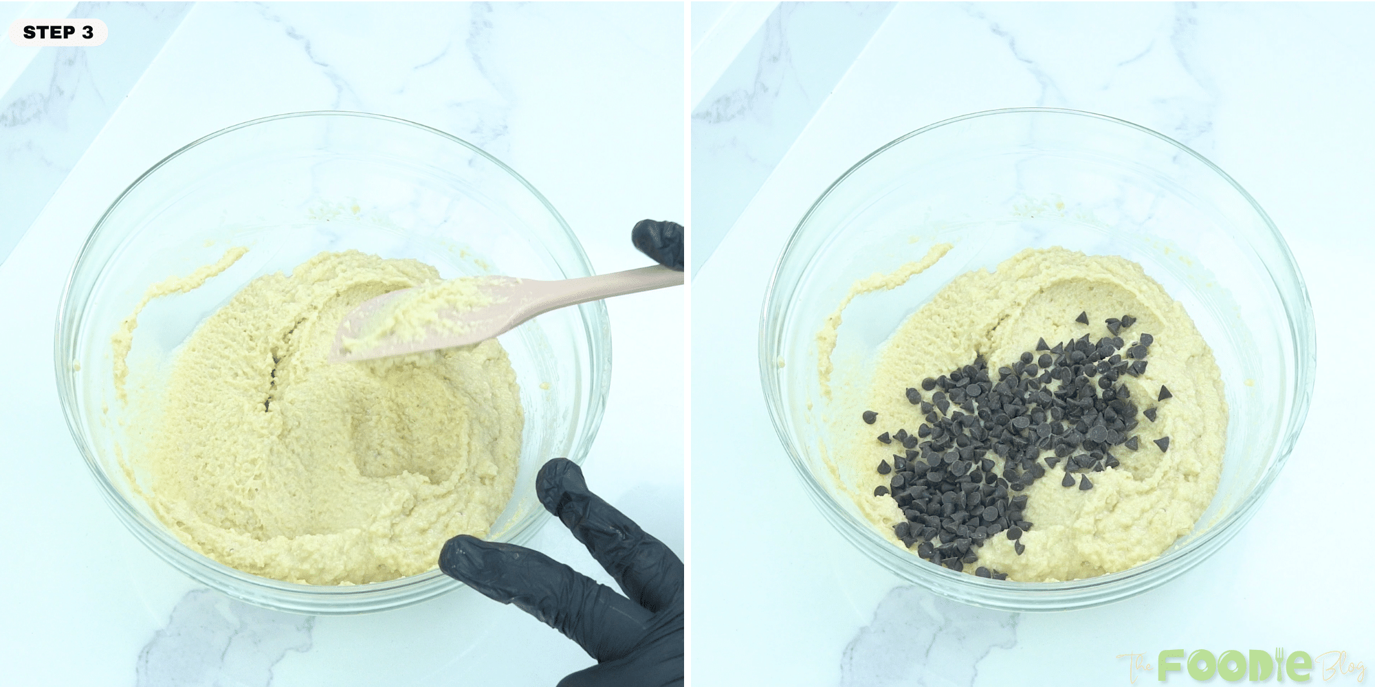 Cookie dough in a bowl with mini chocolate chips added before mixing