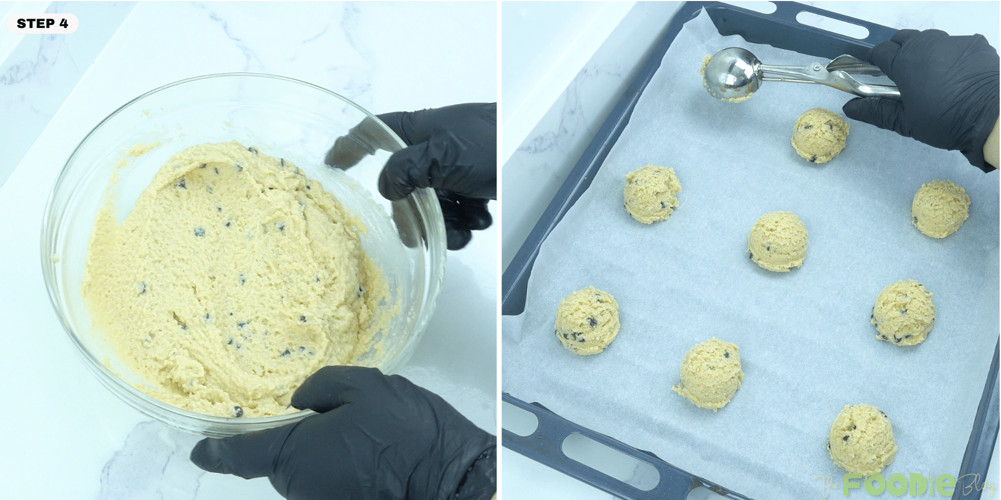 Scooped cookie dough portions placed on a parchment-lined baking sheet