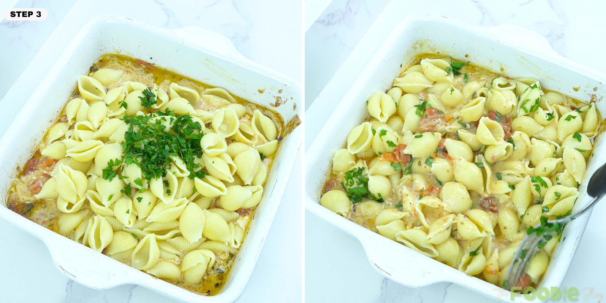 Cooked pasta shells added to the feta tomato sauce with chopped fresh basil in the baking dish