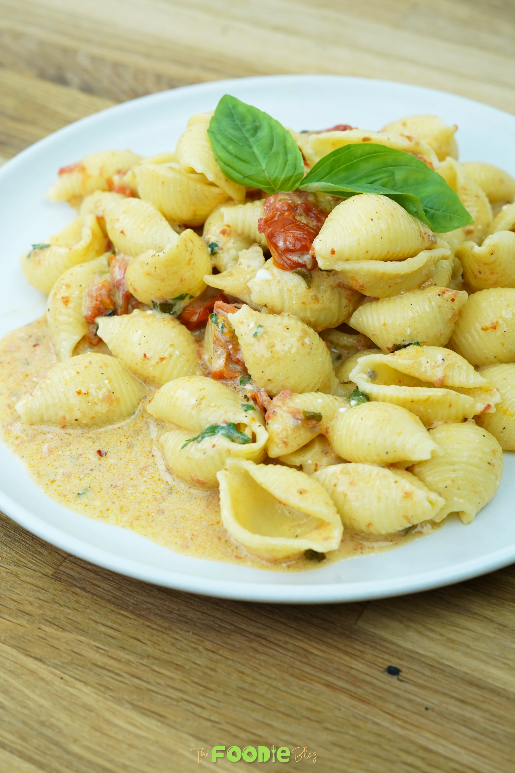 Creamy feta cheese pasta with shell noodles, burst cherry tomatoes, and fresh basil on a white plate