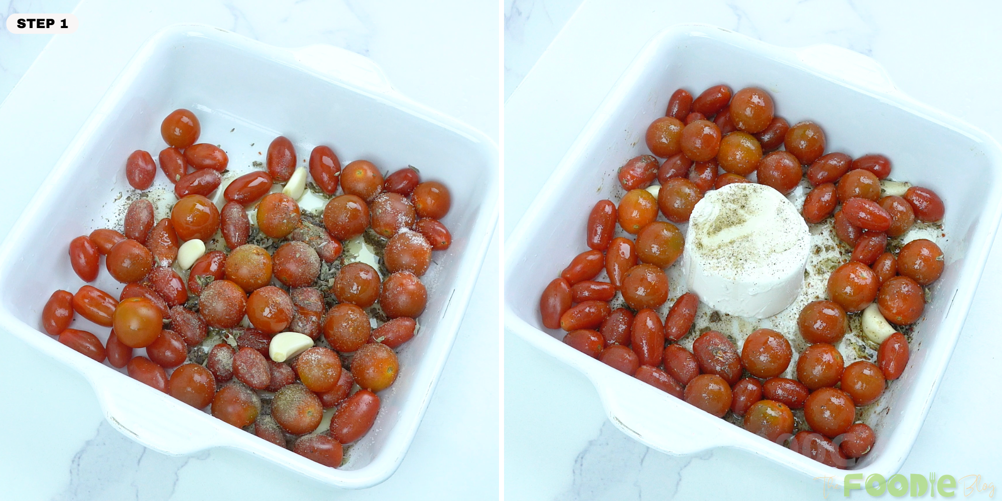 Cherry tomatoes in a baking dish seasoned with olive oil and spices before baking with feta