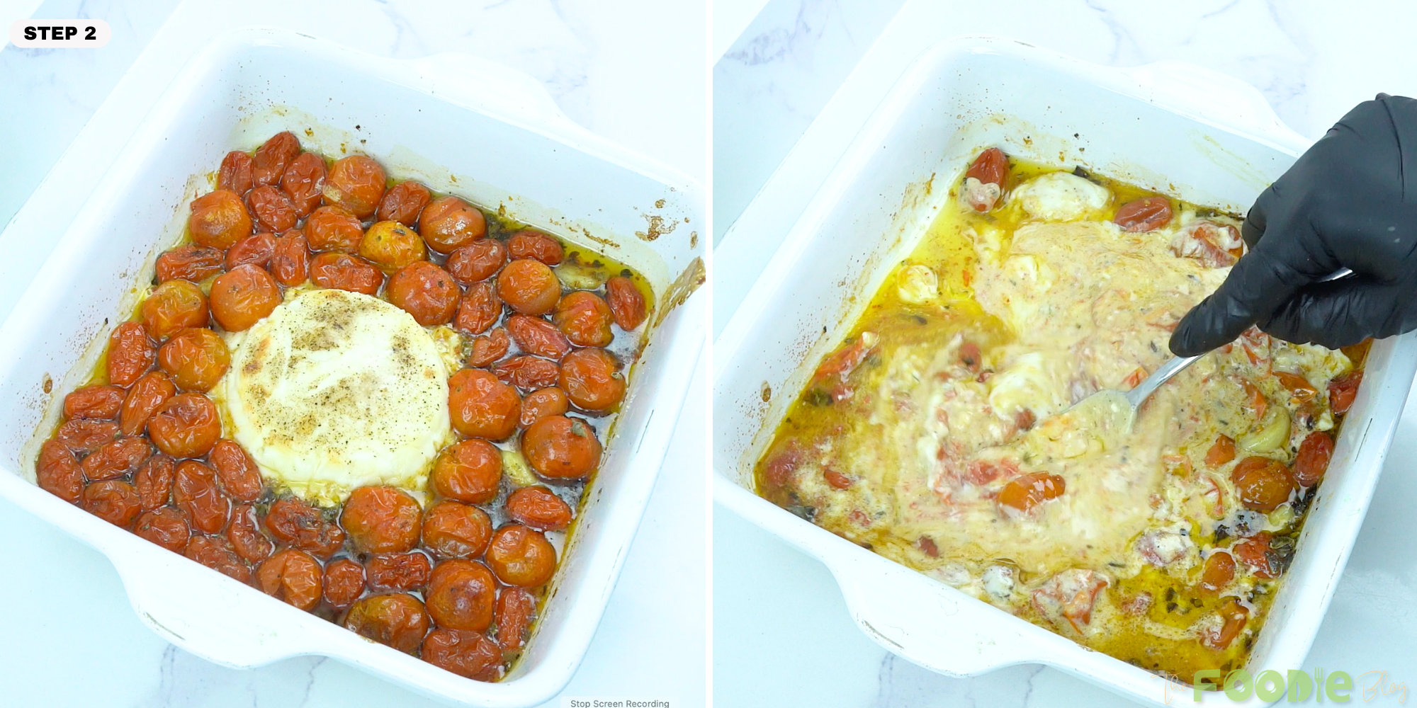 Baked feta and burst cherry tomatoes being stirred into a creamy sauce in the baking dish