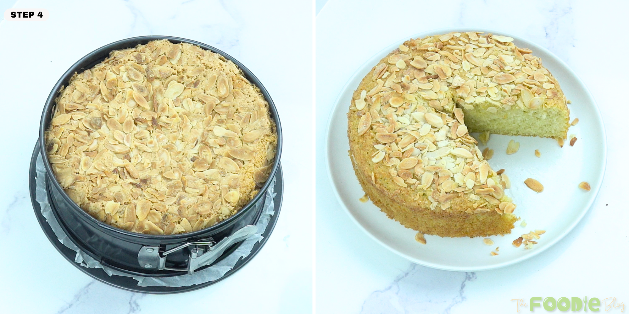 Baked flourless almond cake in a springform pan and then on a plate with a slice removed