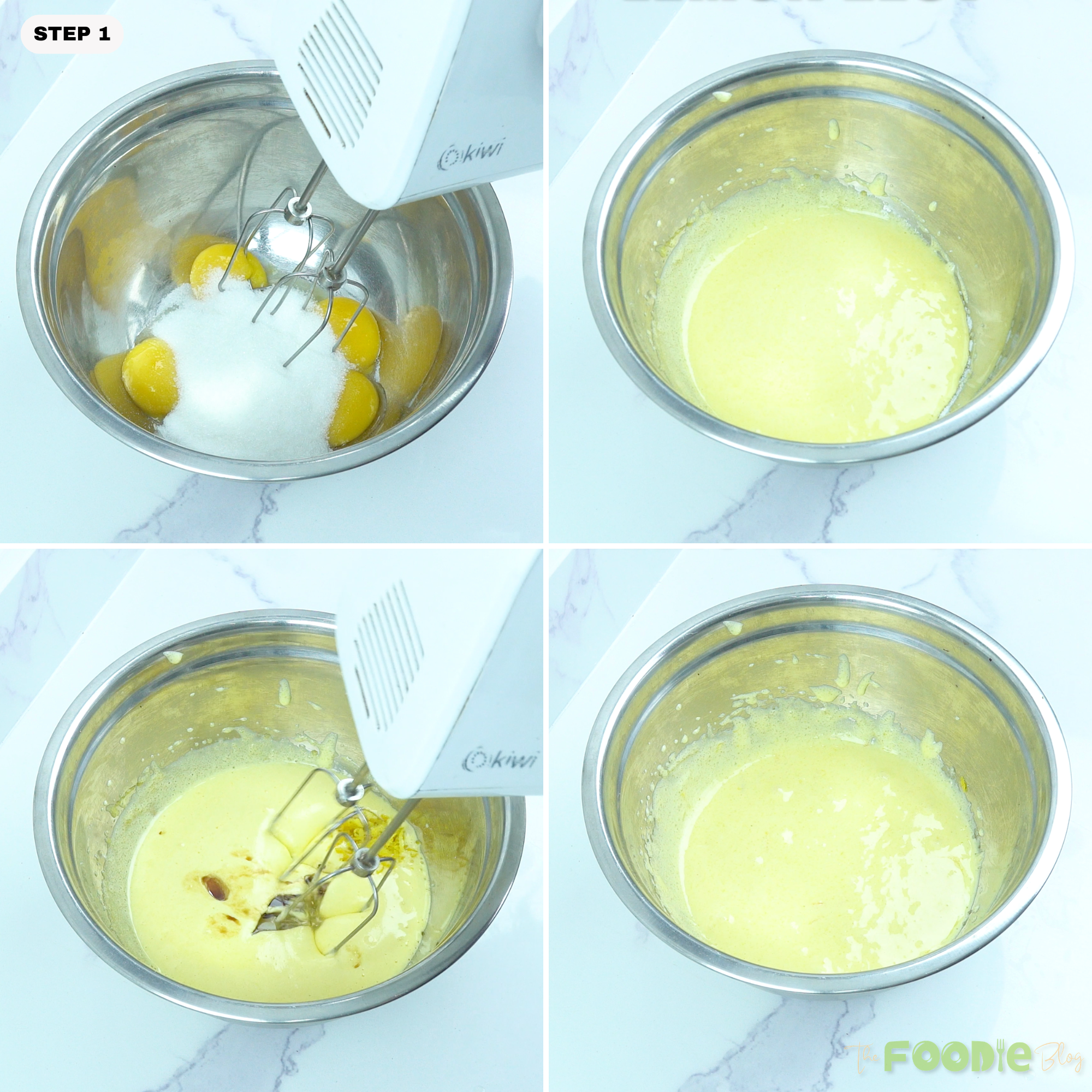 Mixing bowl with egg yolks and sugar being beaten with a hand mixer