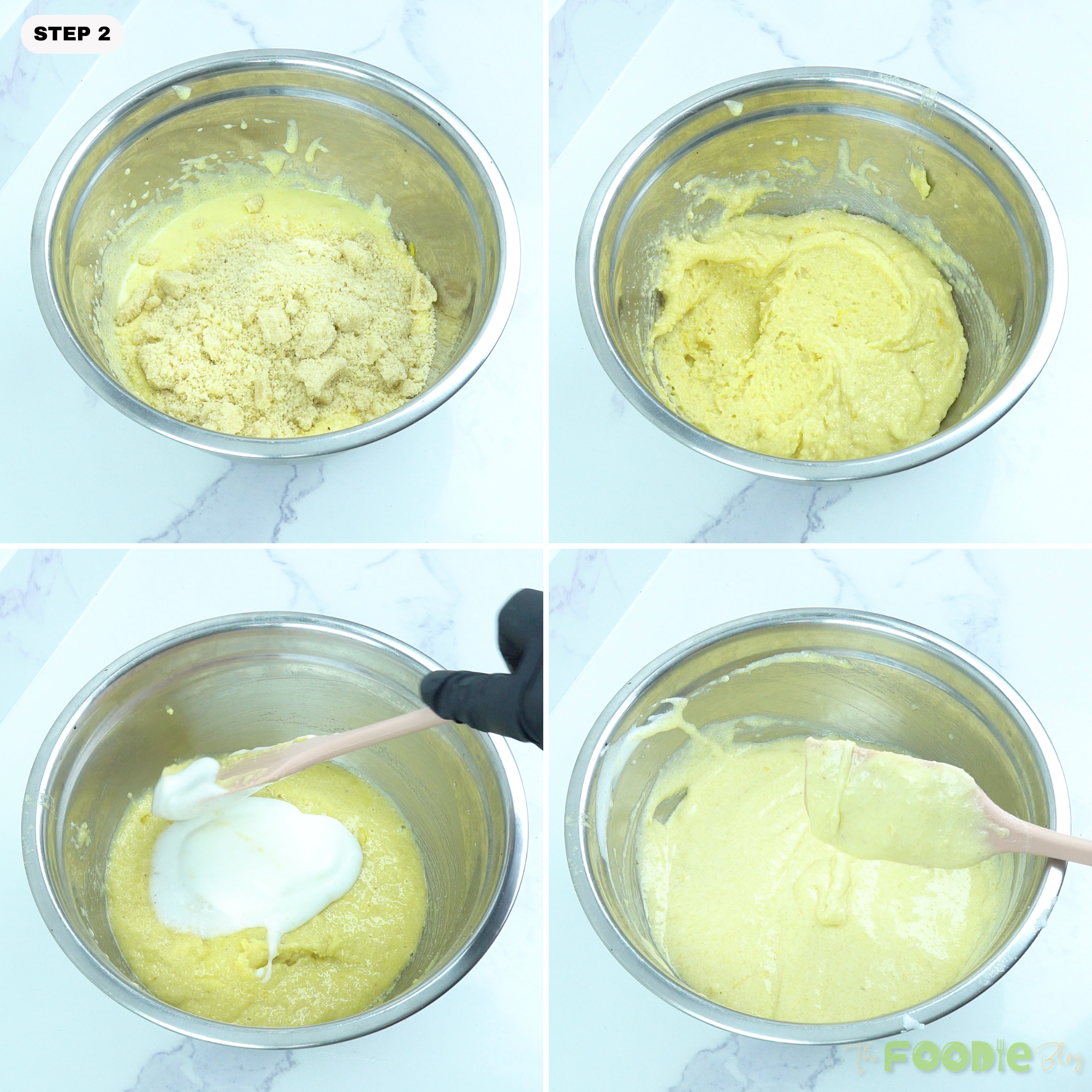 Almond flour added to the bowl and mixed into a thick pale batter