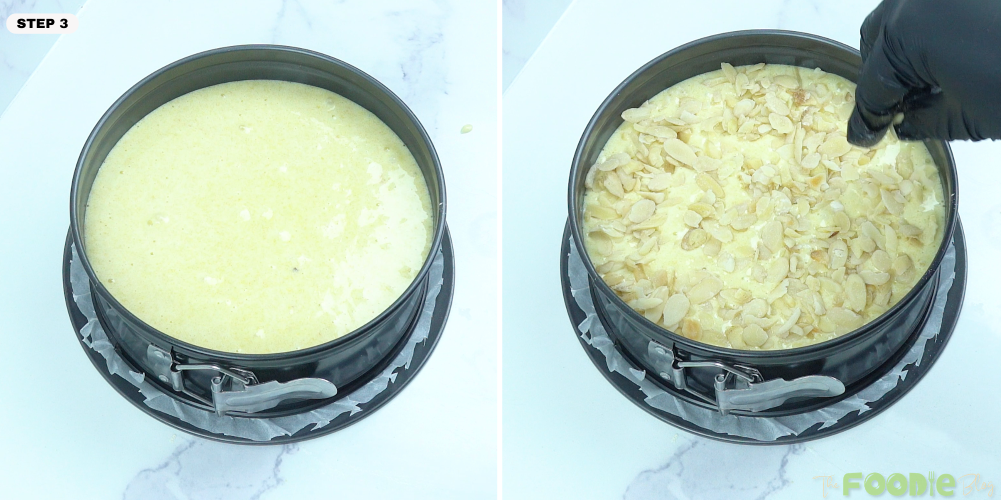 Cake batter poured into a springform pan and topped with sliced almonds