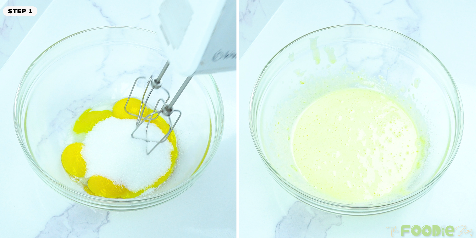Egg yolks and sugar being mixed in a bowl with a hand mixer