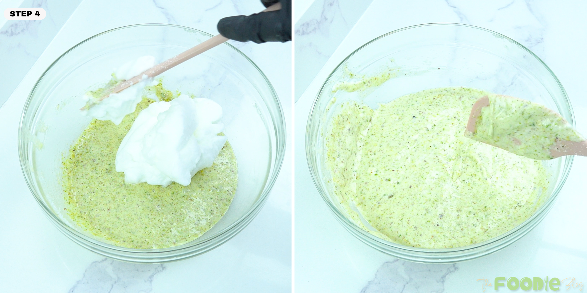 Whipped egg whites being folded into pistachio batter with a spatula
