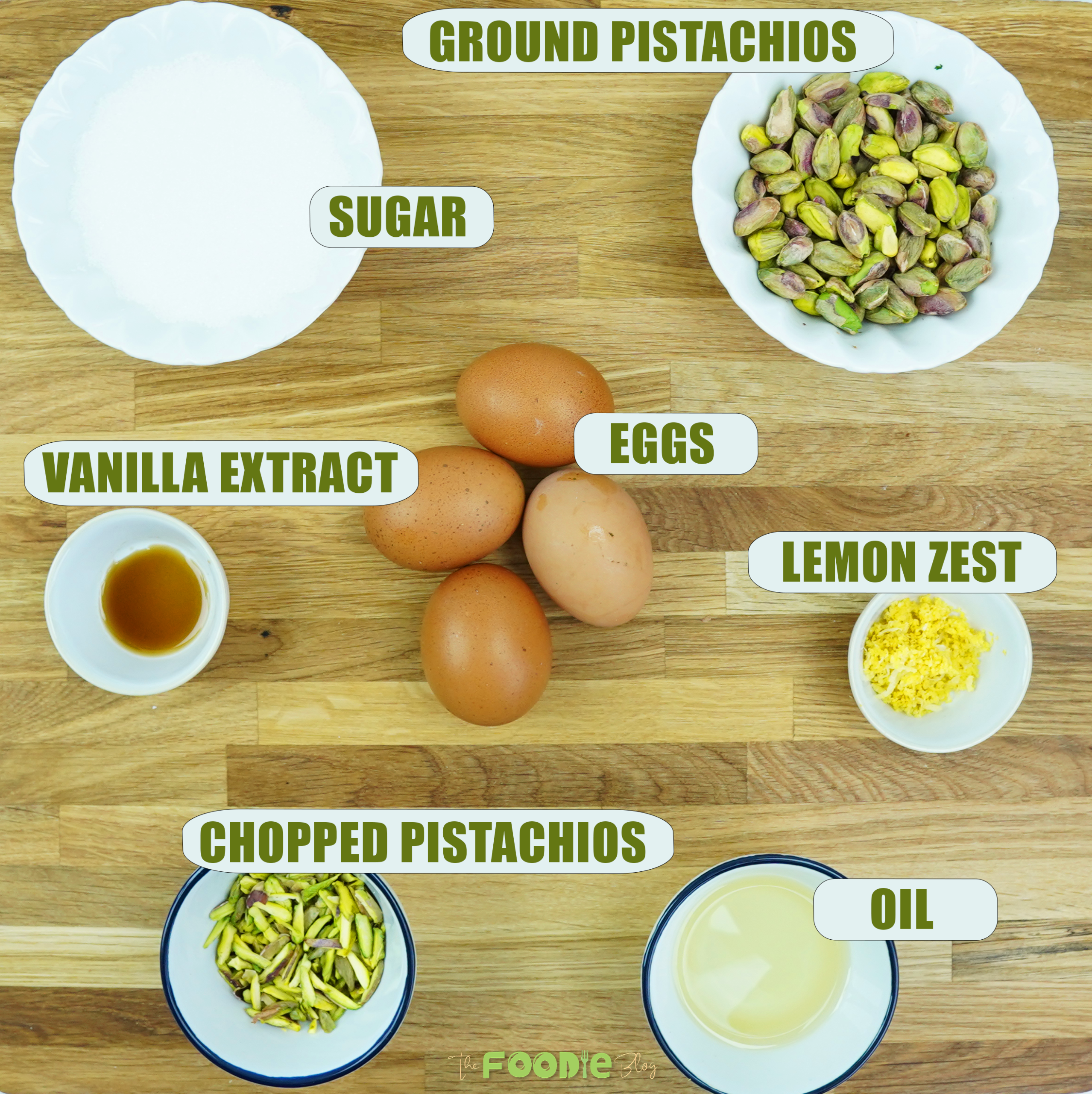 Labeled ingredients for pistachio cake including eggs, sugar, pistachios, lemon zest, vanilla, and oil