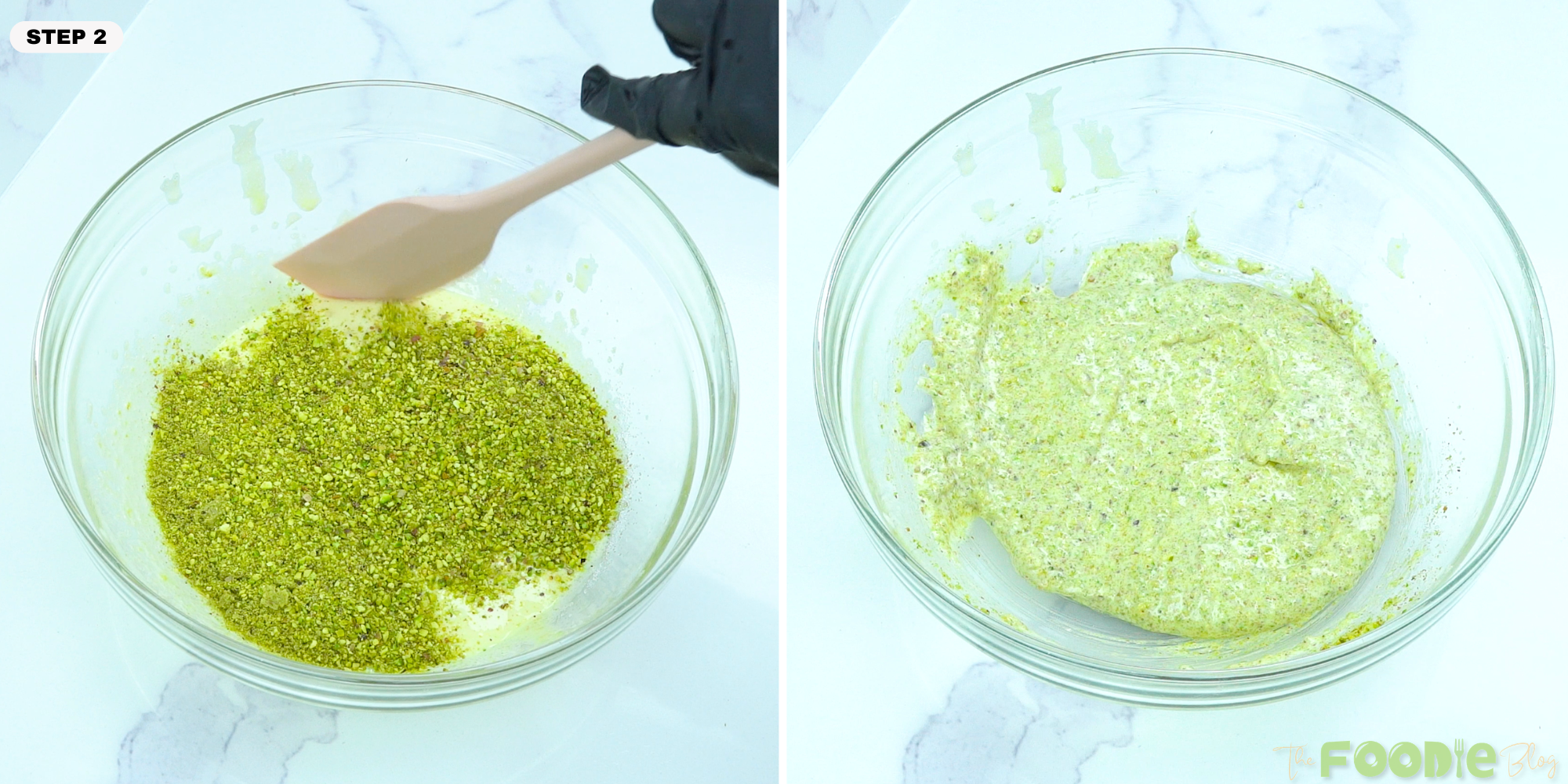 Ground pistachios being stirred into the batter in a mixing bowl