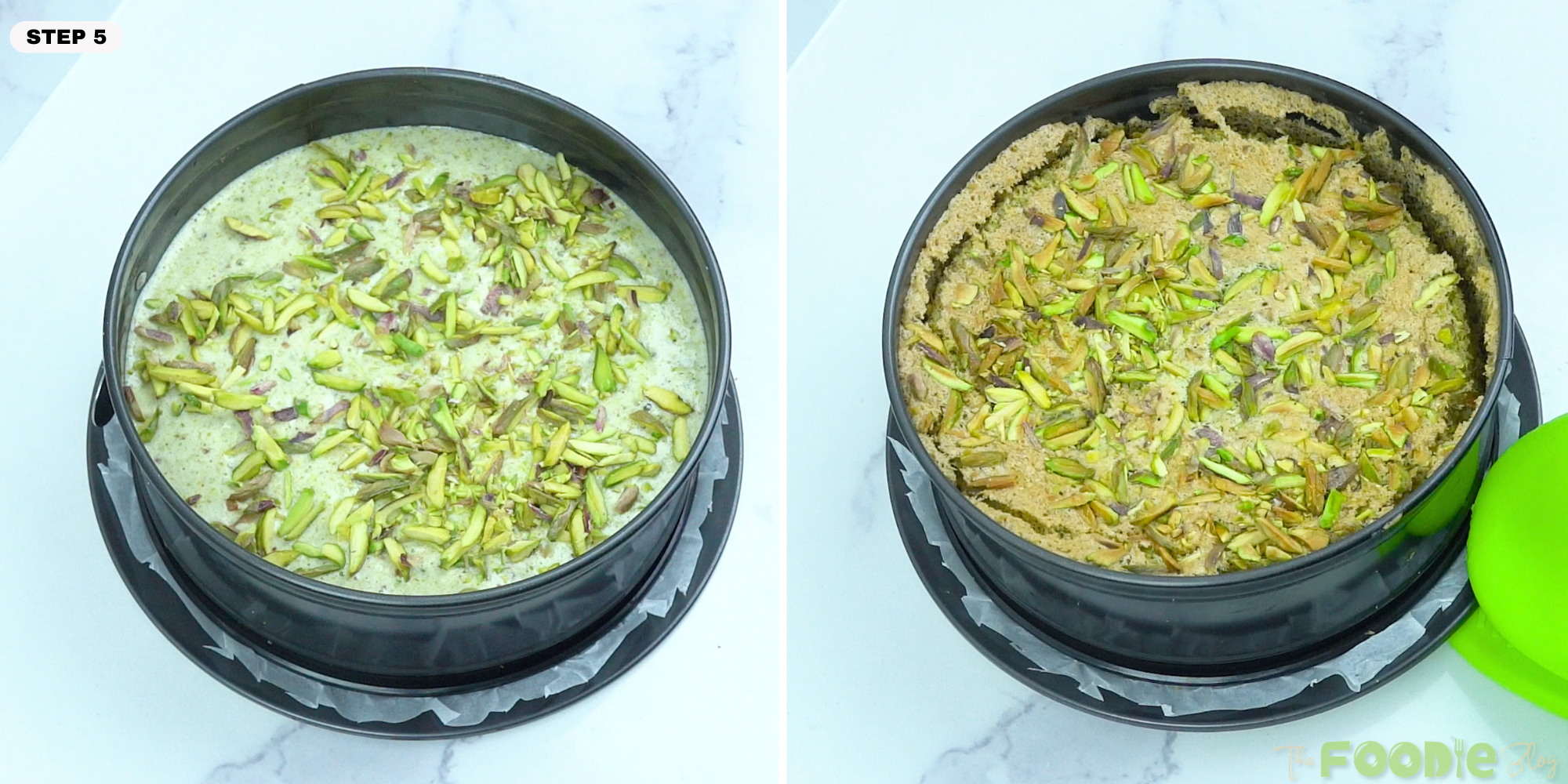 Pistachio cake batter in a springform pan topped with chopped pistachios before baking