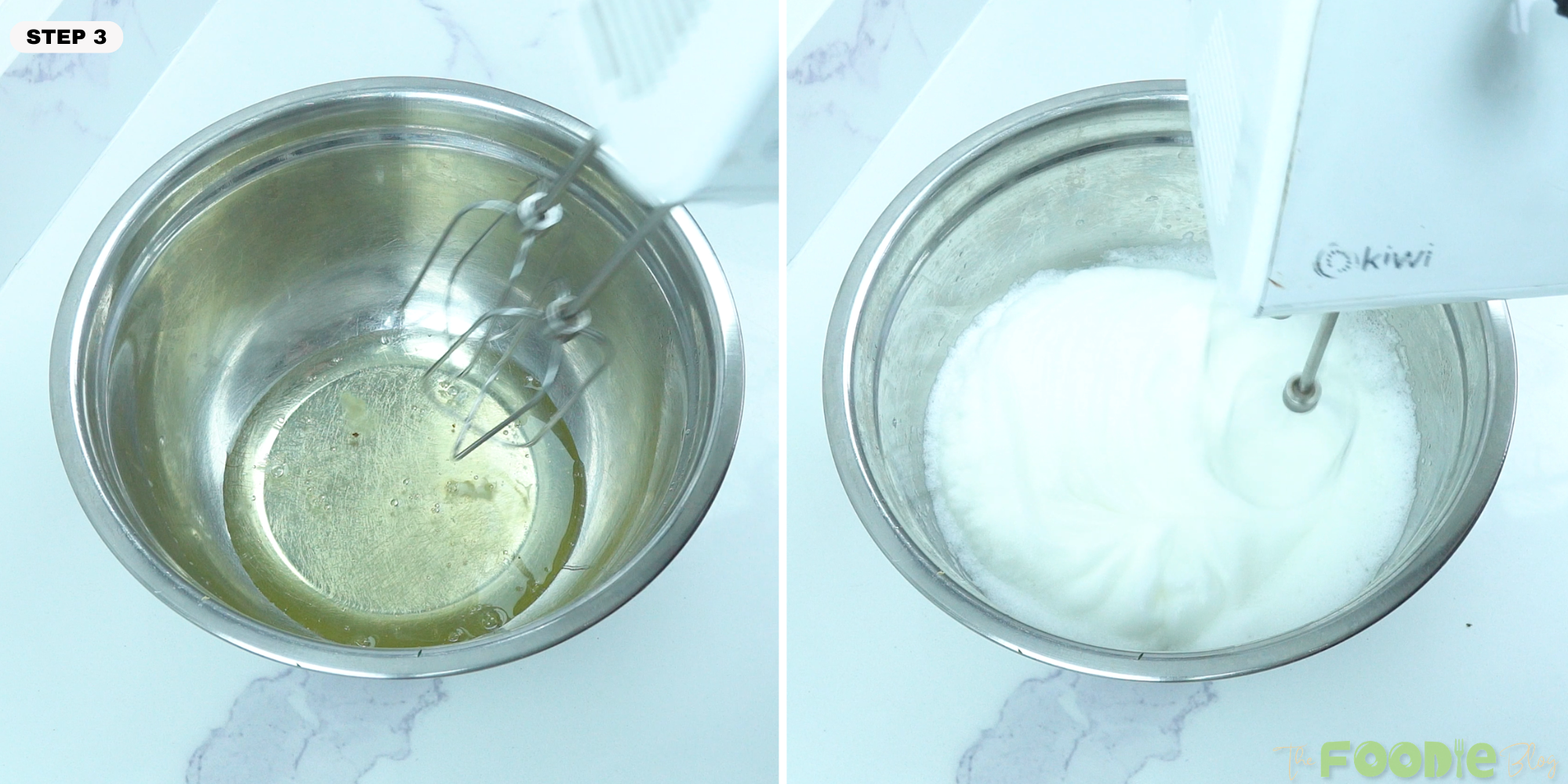 Egg whites being whipped with a hand mixer until thick and fluffy