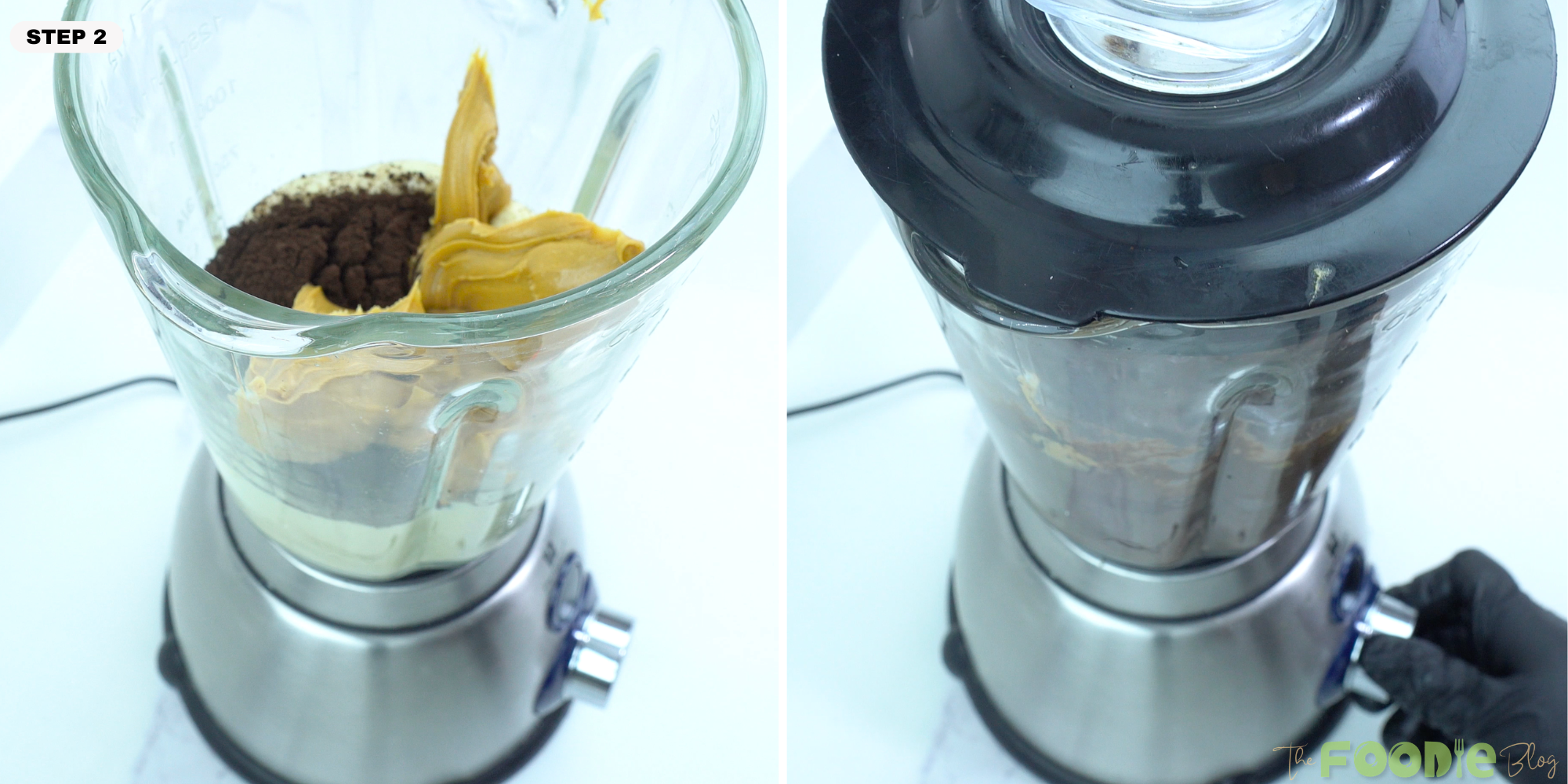 Cocoa powder and peanut butter added to the blender with banana puree
