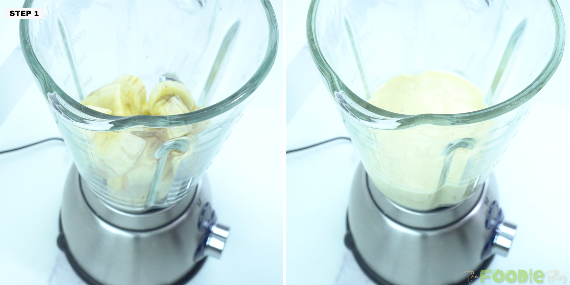 Bananas in a blender being blended into a smooth puree