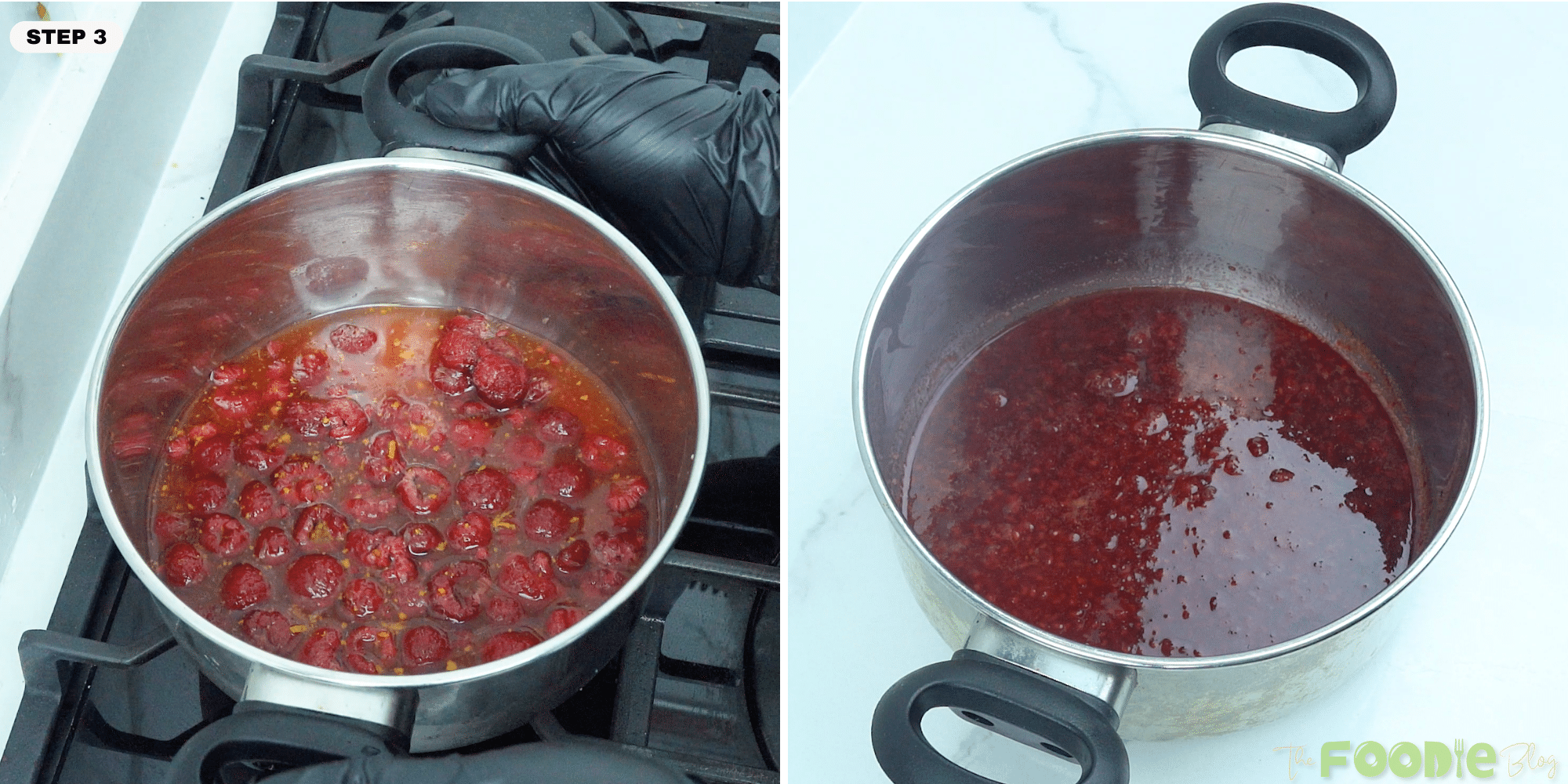 Raspberries simmering in a saucepan with orange juice and zest