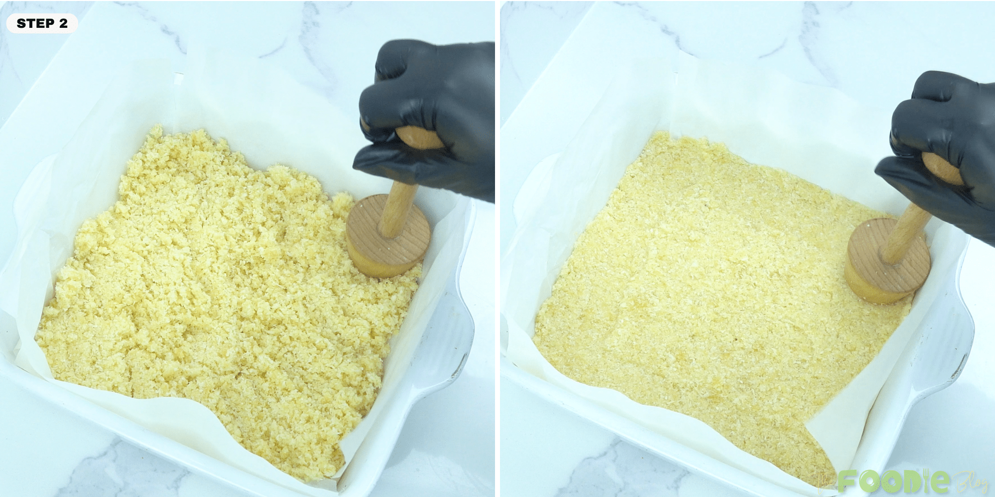 Pressing the coconut mixture firmly into a lined pan