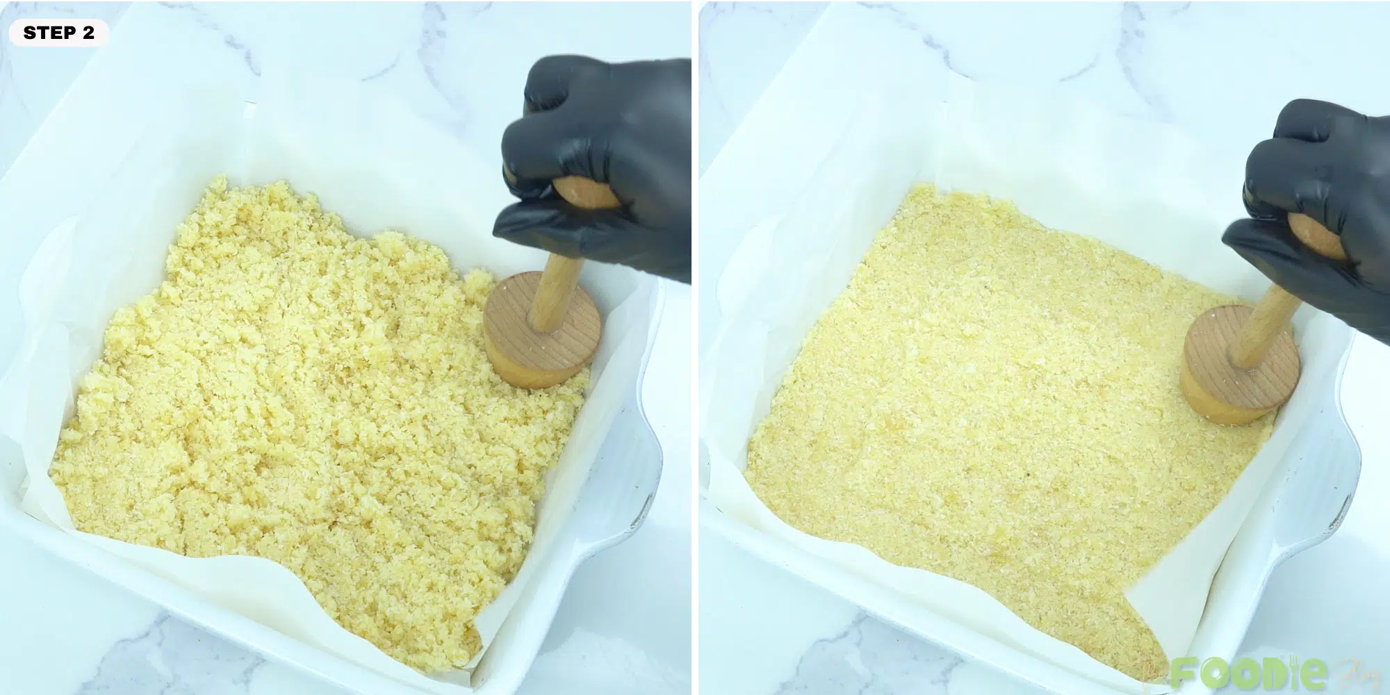 Pressing the coconut mixture firmly into a lined pan