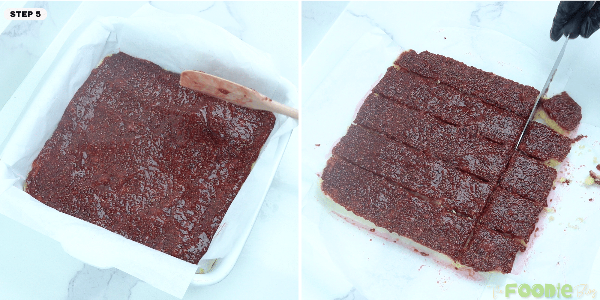 Spreading raspberry topping over the coconut base and slicing into bars