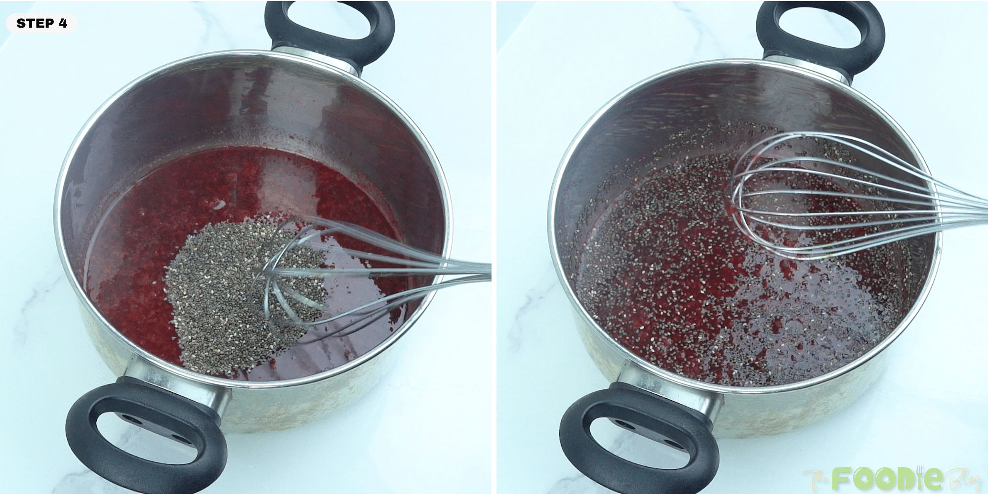 Stirring chia seeds into the warm raspberry mixture in a saucepan