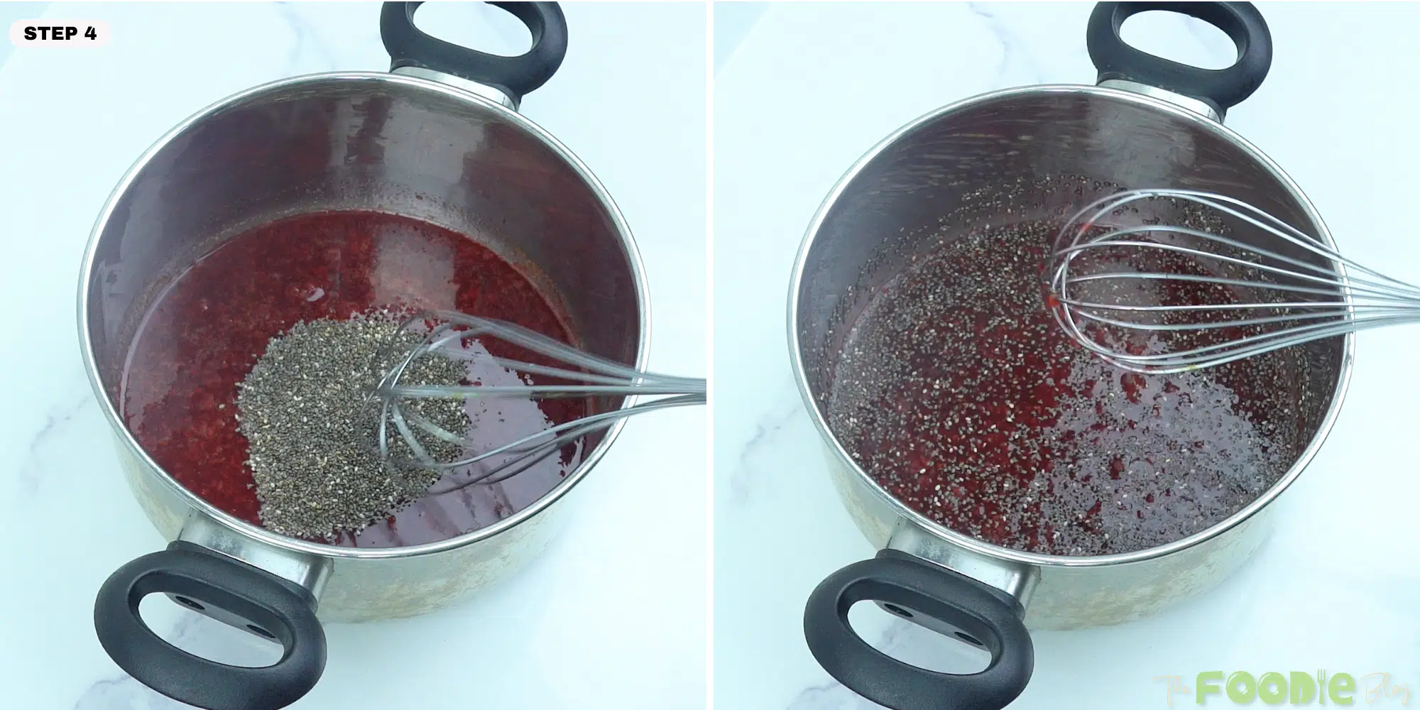 Stirring chia seeds into the warm raspberry mixture in a saucepan