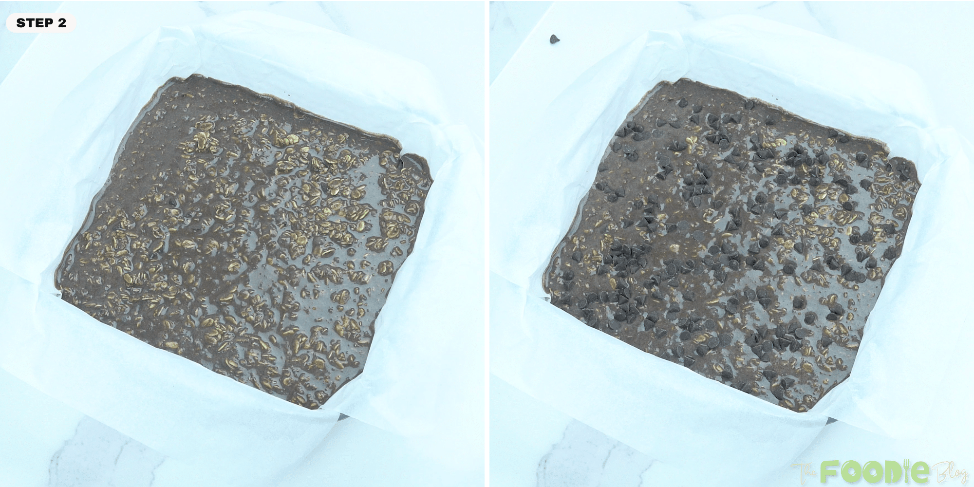 Oats and cocoa added to wet ingredients in a mixing bowl