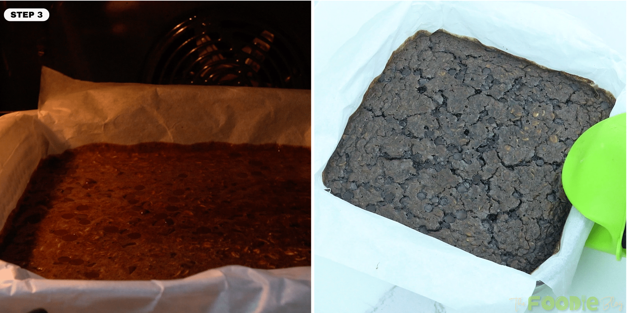 Oatmeal brownie batter baking in a parchment-lined pan
