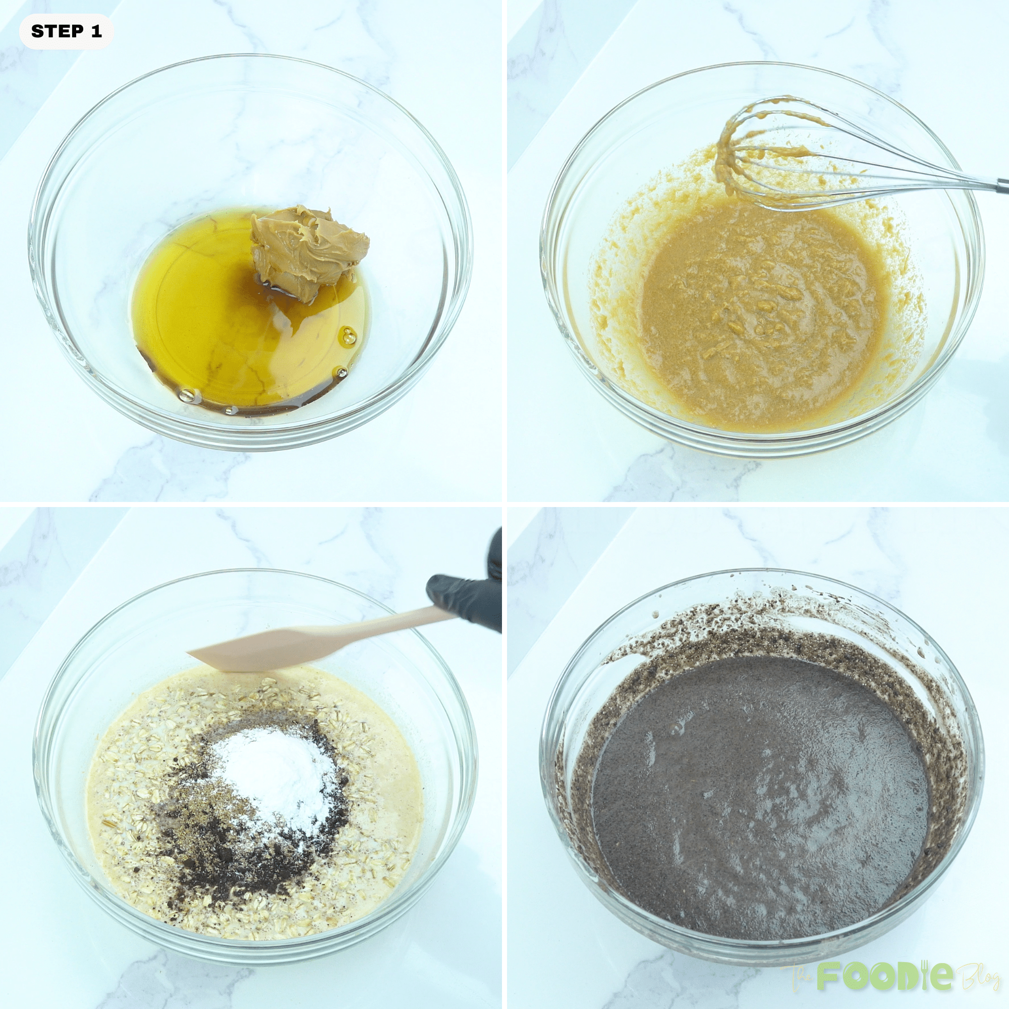 Peanut butter and maple syrup whisked together in a glass bowl