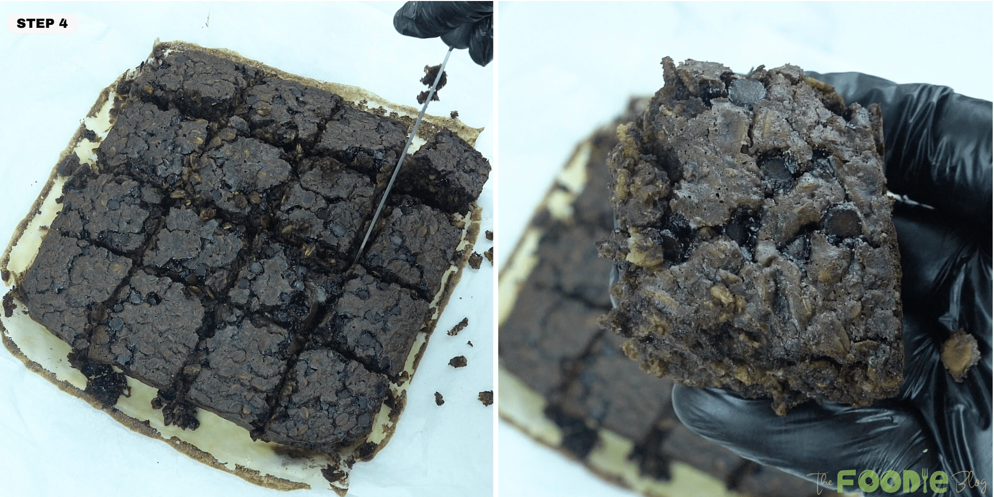Cutting baked oatmeal brownie into squares and holding one piece