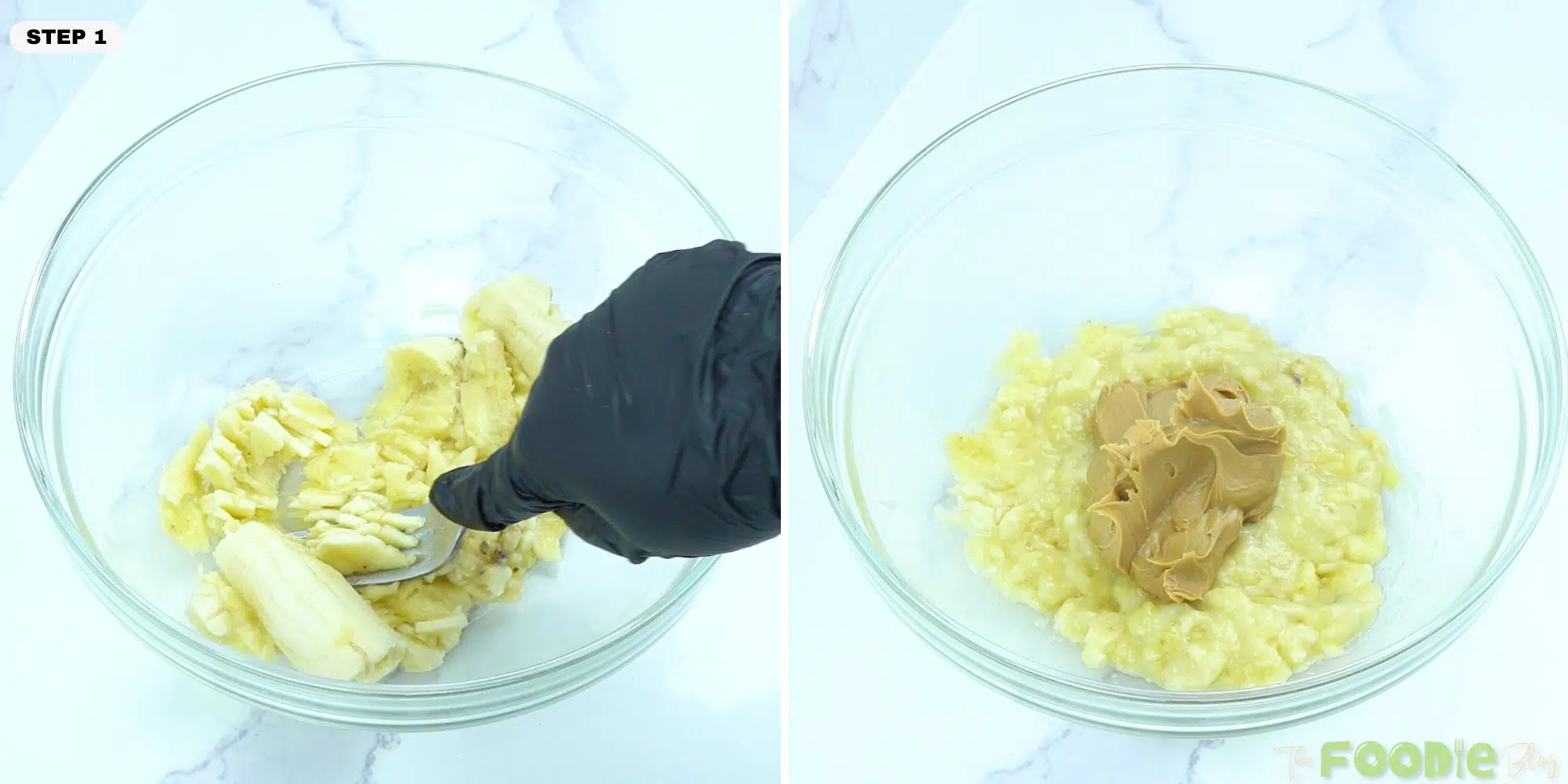 Mashed bananas with nut butter added in a mixing bowl