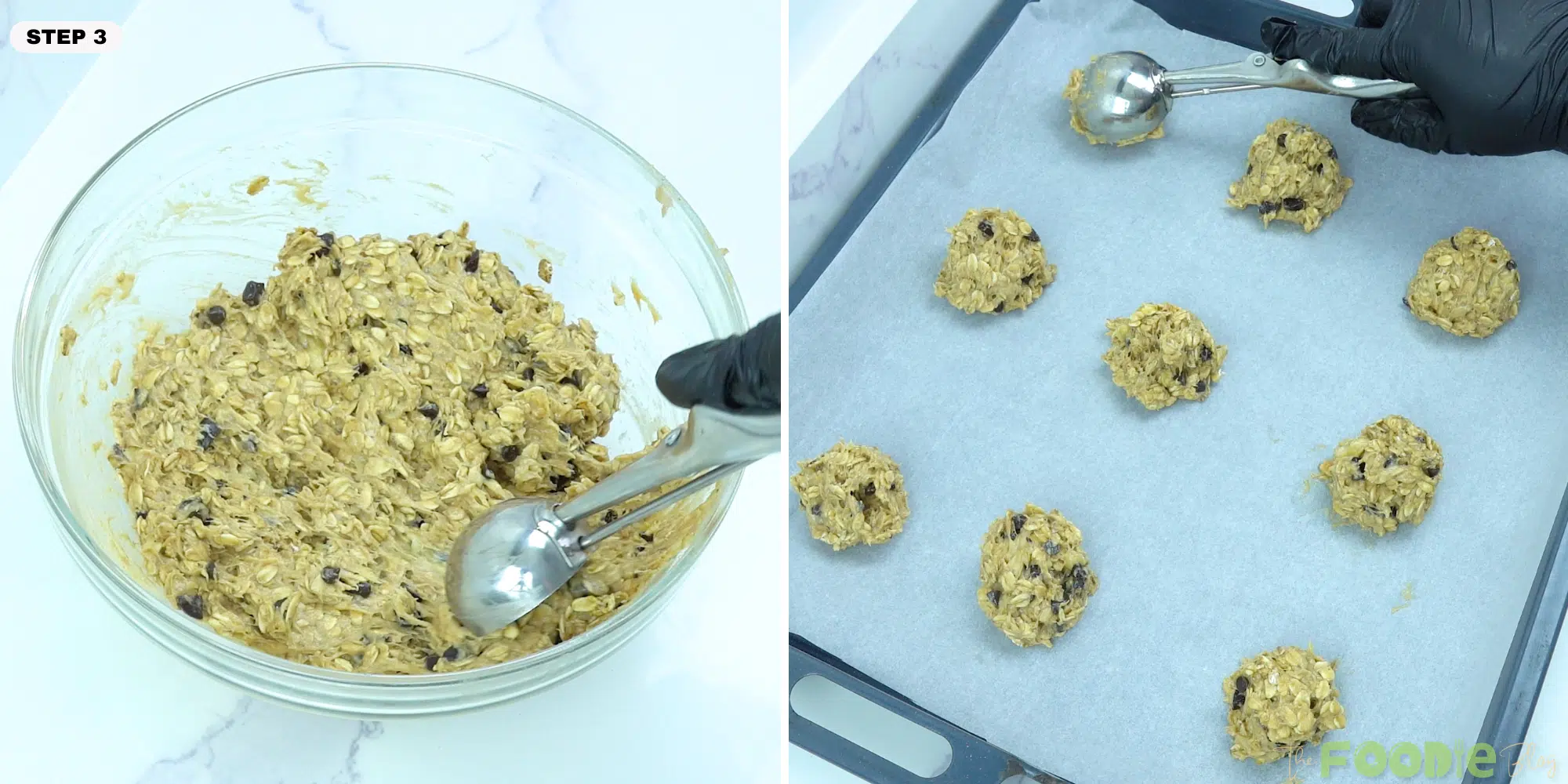 Cookie dough scooped onto a parchment-lined baking sheet