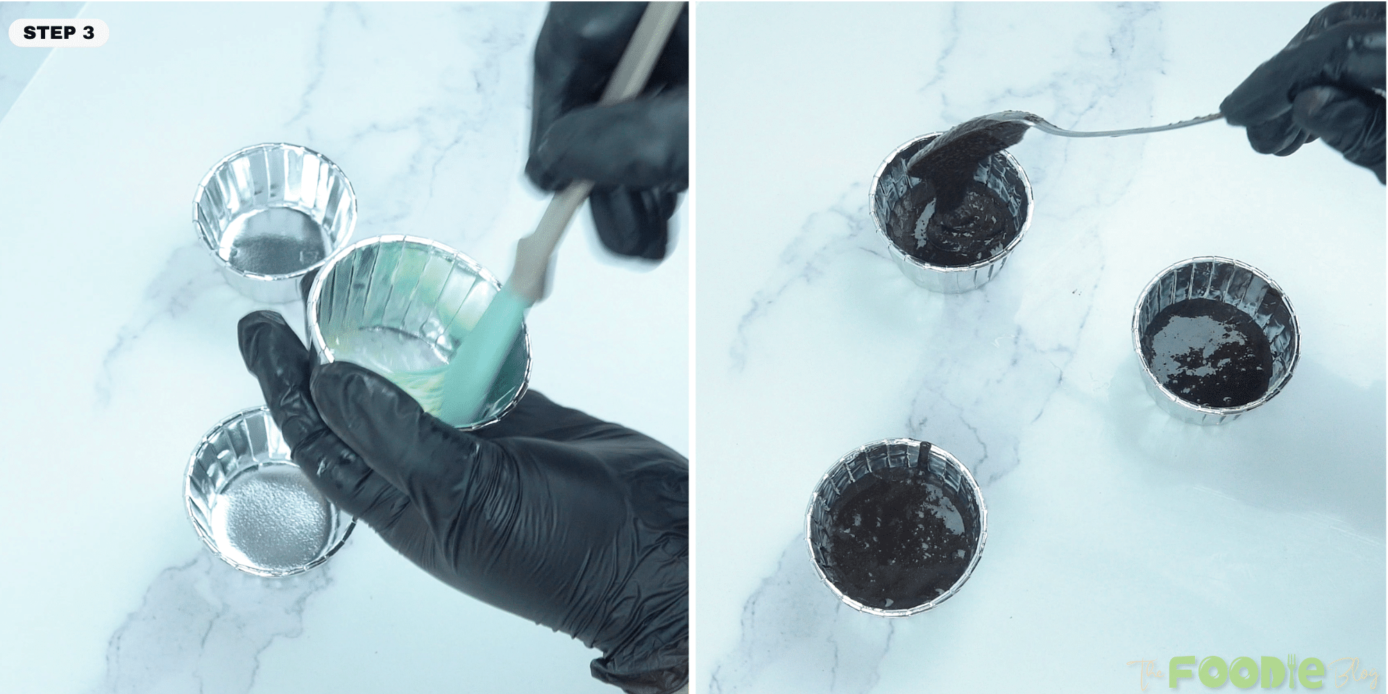 Chocolate batter spooned into small foil molds for baking